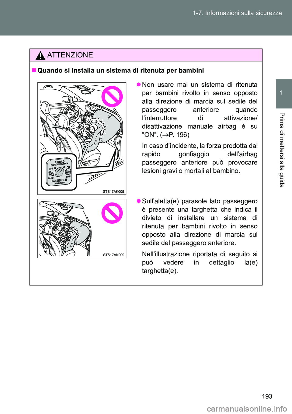 TOYOTA VERSO 2014 Manuale duso (in Italian) 193 1-7. Informazioni sulla sicurezza
1
Prima di mettersi alla guida
ATTENZIONE
Quando si installa un sistema di ritenuta per bambini
Non usare mai un sistema di ritenuta
per bambini rivolto in TOYOTA VERSO 2014 Manuale duso (in Italian) 193 1-7. Informazioni sulla sicurezza
1
Prima di mettersi alla guida
ATTENZIONE
Quando si installa un sistema di ritenuta per bambini
Non usare mai un sistema di ritenuta
per bambini rivolto in
