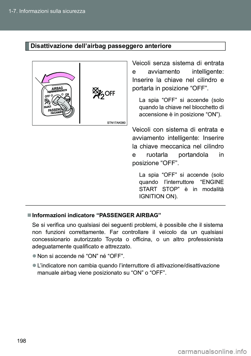TOYOTA VERSO 2014 Manuale duso (in Italian) 198 1-7. Informazioni sulla sicurezza
Disattivazione dell’airbag passeggero anteriore
Veicoli senza sistema di entrata
e avviamento intelligente:
Inserire la chiave nel cilindro e
portarla in posizi TOYOTA VERSO 2014 Manuale duso (in Italian) 198 1-7. Informazioni sulla sicurezza
Disattivazione dell’airbag passeggero anteriore
Veicoli senza sistema di entrata
e avviamento intelligente:
Inserire la chiave nel cilindro e
portarla in posizi