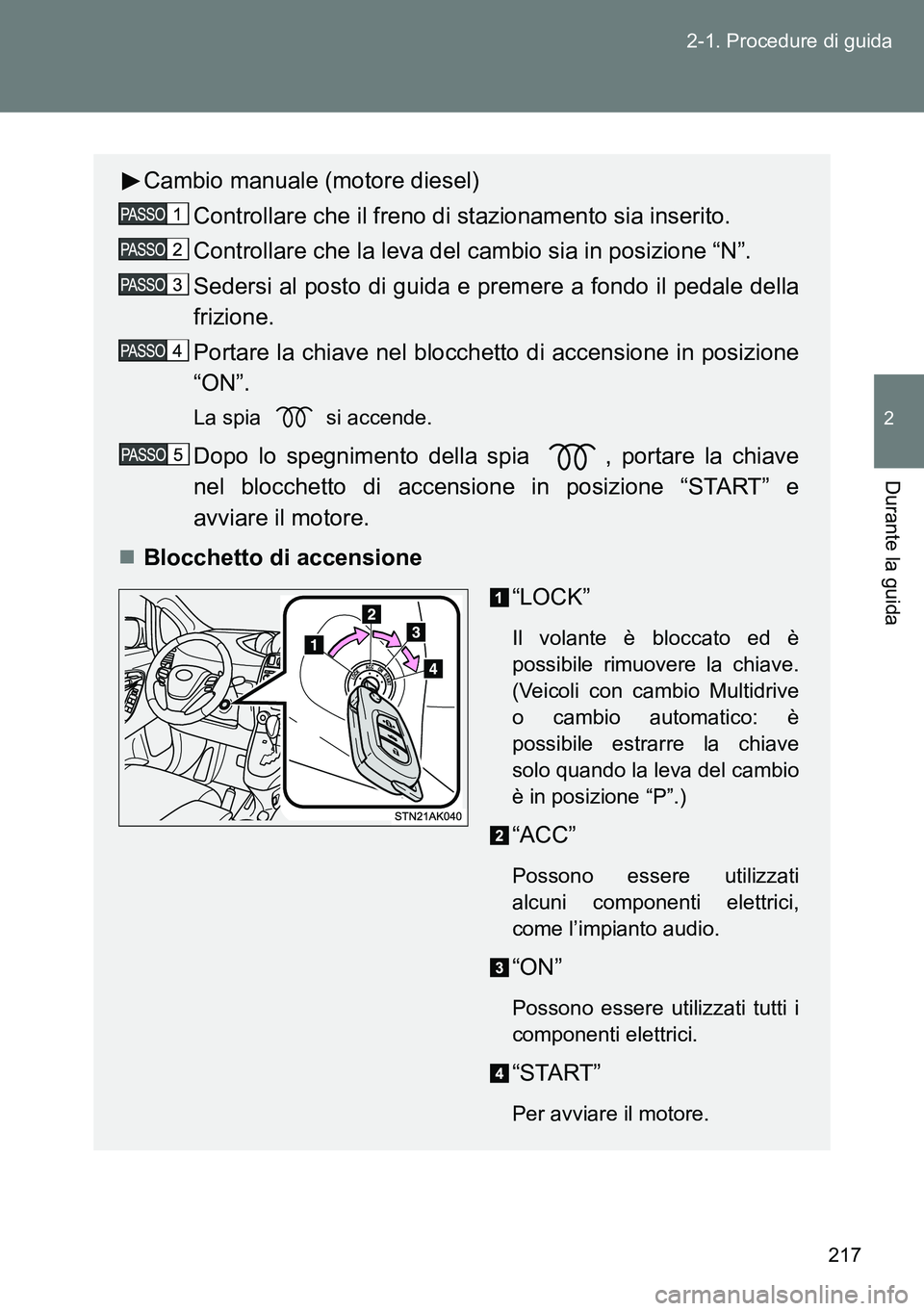 TOYOTA VERSO 2014 Manuale duso (in Italian) 217 2-1. Procedure di guida
2
Durante la guida
Cambio manuale (motore diesel)
Controllare che il freno di stazionamento sia inserito.
Controllare che la leva del cambio sia in posizione “N”.
Seder TOYOTA VERSO 2014 Manuale duso (in Italian) 217 2-1. Procedure di guida
2
Durante la guida
Cambio manuale (motore diesel)
Controllare che il freno di stazionamento sia inserito.
Controllare che la leva del cambio sia in posizione “N”.
Seder