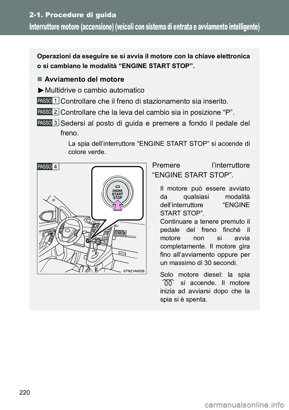 TOYOTA VERSO 2014 Manuale duso (in Italian) 220
2-1. Procedure di guida
Interruttore motore (accensione) (veicoli con sistema di entrata e avviamento intelligente)
Operazioni da eseguire se si avvia il motore con la chiave elettronica
o si camb TOYOTA VERSO 2014 Manuale duso (in Italian) 220
2-1. Procedure di guida
Interruttore motore (accensione) (veicoli con sistema di entrata e avviamento intelligente)
Operazioni da eseguire se si avvia il motore con la chiave elettronica
o si camb