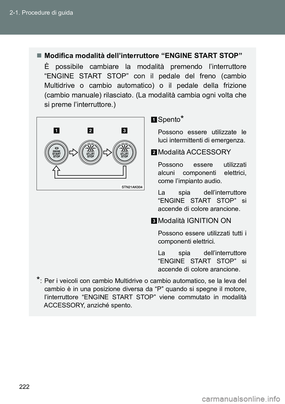 TOYOTA VERSO 2014 Manuale duso (in Italian) 222 2-1. Procedure di guida
Modifica modalità dell’interruttore “ENGINE START STOP”
È possibile cambiare la modalità premendo l’interruttore
“ENGINE START STOP” con il pedale del fre TOYOTA VERSO 2014 Manuale duso (in Italian) 222 2-1. Procedure di guida
Modifica modalità dell’interruttore “ENGINE START STOP”
È possibile cambiare la modalità premendo l’interruttore
“ENGINE START STOP” con il pedale del fre