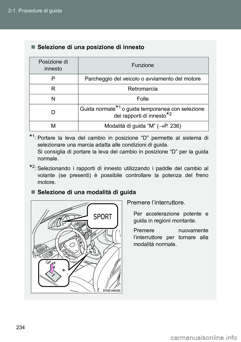 TOYOTA VERSO 2014 Manuale duso (in Italian) 234 2-1. Procedure di guida
Selezione di una posizione di innesto
*1: Portare la leva del cambio in posizione “D” permette al sistema di
selezionare una marcia adatta alle condizioni di guida.
TOYOTA VERSO 2014 Manuale duso (in Italian) 234 2-1. Procedure di guida
Selezione di una posizione di innesto
*1: Portare la leva del cambio in posizione “D” permette al sistema di
selezionare una marcia adatta alle condizioni di guida.