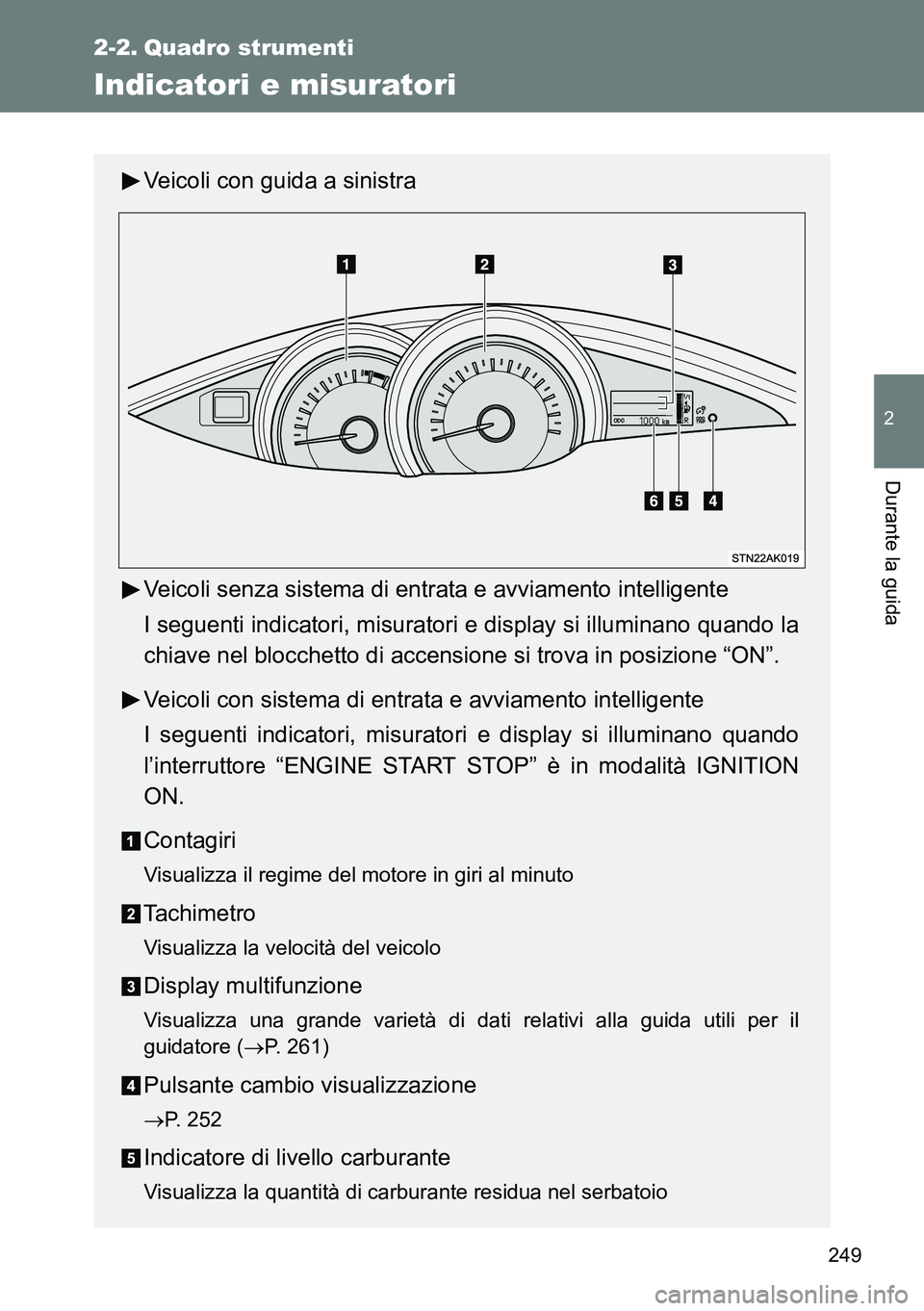 TOYOTA VERSO 2014  Manuale duso (in Italian) 249
2
Durante la guida
2-2. Quadro strumenti
Indicatori e misuratori
Veicoli con guida a sinistra
Veicoli senza sistema di entrata e avviamento intelligente
I seguenti indicatori, misuratori e display