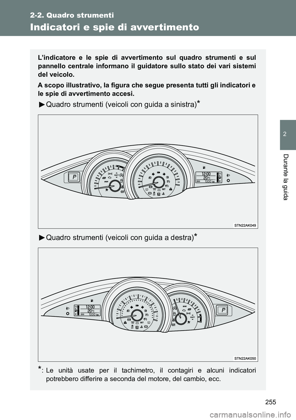 TOYOTA VERSO 2014 Manuale duso (in Italian) 255
2-2. Quadro strumenti
2
Durante la guida
Indicatori e spie di avver timento
L’indicatore e le spie di avvertimento sul quadro strumenti e sul
pannello centrale informano il guidatore sullo stato TOYOTA VERSO 2014 Manuale duso (in Italian) 255
2-2. Quadro strumenti
2
Durante la guida
Indicatori e spie di avver timento
L’indicatore e le spie di avvertimento sul quadro strumenti e sul
pannello centrale informano il guidatore sullo stato