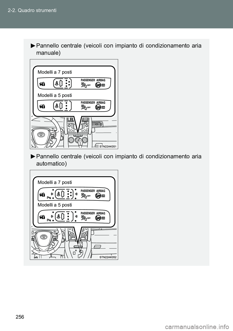 TOYOTA VERSO 2014 Manuale duso (in Italian) 256 2-2. Quadro strumenti
Pannello centrale (veicoli con impianto di condizionamento aria
manuale)
Pannello centrale (veicoli con impianto di condizionamento aria
automatico)
Modelli a 7 posti
Modelli TOYOTA VERSO 2014 Manuale duso (in Italian) 256 2-2. Quadro strumenti
Pannello centrale (veicoli con impianto di condizionamento aria
manuale)
Pannello centrale (veicoli con impianto di condizionamento aria
automatico)
Modelli a 7 posti
Modelli