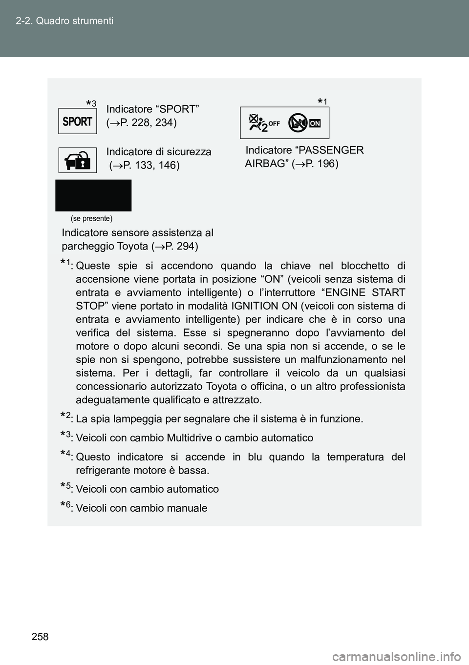 TOYOTA VERSO 2014 Manuale duso (in Italian) 258 2-2. Quadro strumenti
*1: Queste spie si accendono quando la chiave nel blocchetto di
accensione viene portata in posizione “ON” (veicoli senza sistema di
entrata e avviamento intelligente) o TOYOTA VERSO 2014 Manuale duso (in Italian) 258 2-2. Quadro strumenti
*1: Queste spie si accendono quando la chiave nel blocchetto di
accensione viene portata in posizione “ON” (veicoli senza sistema di
entrata e avviamento intelligente) o
