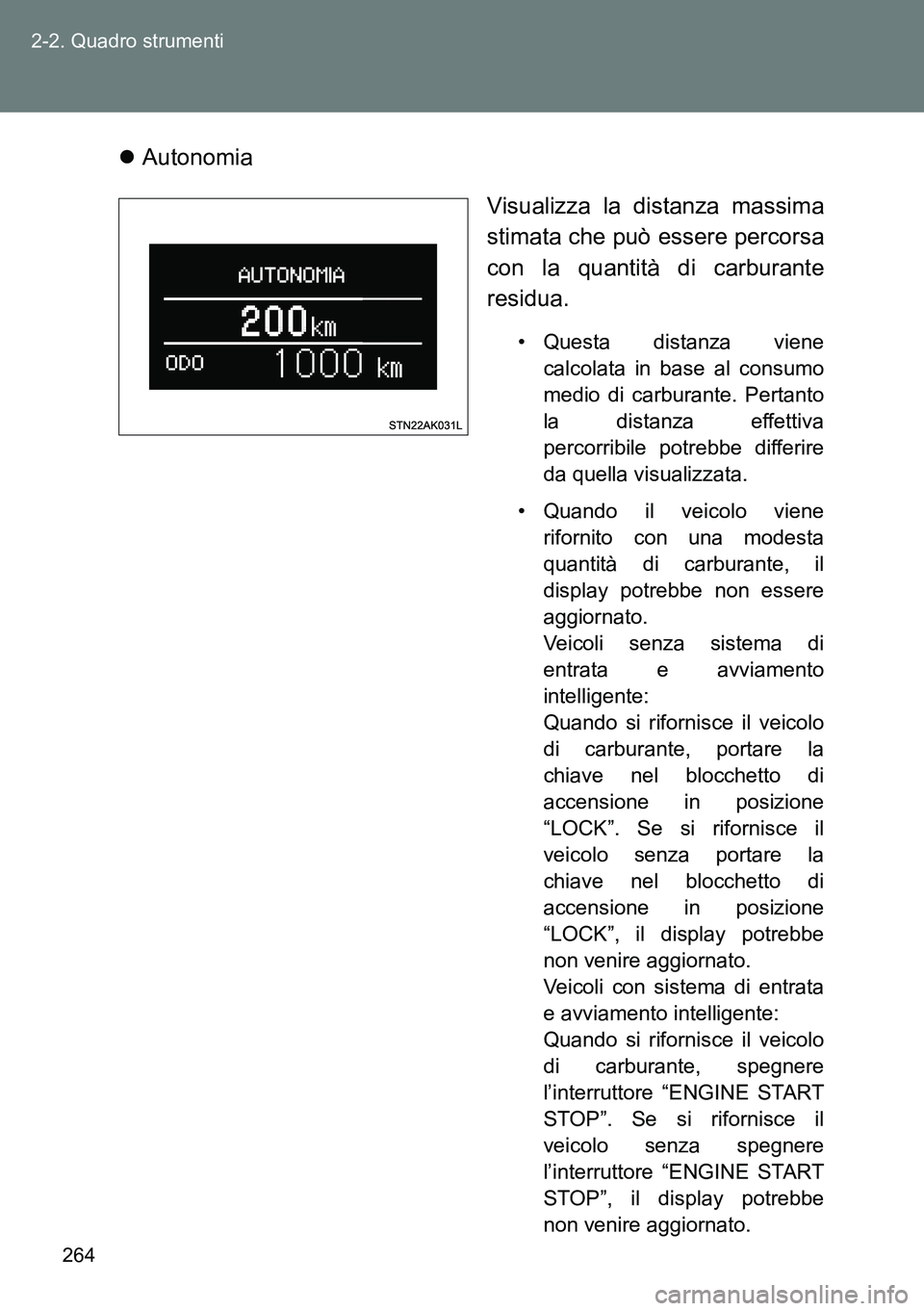 TOYOTA VERSO 2014 Manuale duso (in Italian) 264 2-2. Quadro strumenti
Autonomia
Visualizza la distanza massima
stimata che può essere percorsa
con la quantità di carburante
residua.
• Questa distanza viene
calcolata in base al consumo
m TOYOTA VERSO 2014 Manuale duso (in Italian) 264 2-2. Quadro strumenti
Autonomia
Visualizza la distanza massima
stimata che può essere percorsa
con la quantità di carburante
residua.
• Questa distanza viene
calcolata in base al consumo
m