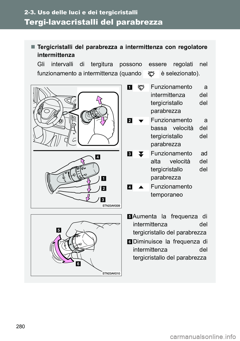 TOYOTA VERSO 2014 Manuale duso (in Italian) 280
2-3. Uso delle luci e dei tergicristalli
Tergi-lavacristalli del parabrezza
Tergicristalli del parabrezza a intermittenza con regolatore
intermittenza
Gli intervalli di tergitura possono essere TOYOTA VERSO 2014 Manuale duso (in Italian) 280
2-3. Uso delle luci e dei tergicristalli
Tergi-lavacristalli del parabrezza
Tergicristalli del parabrezza a intermittenza con regolatore
intermittenza
Gli intervalli di tergitura possono essere