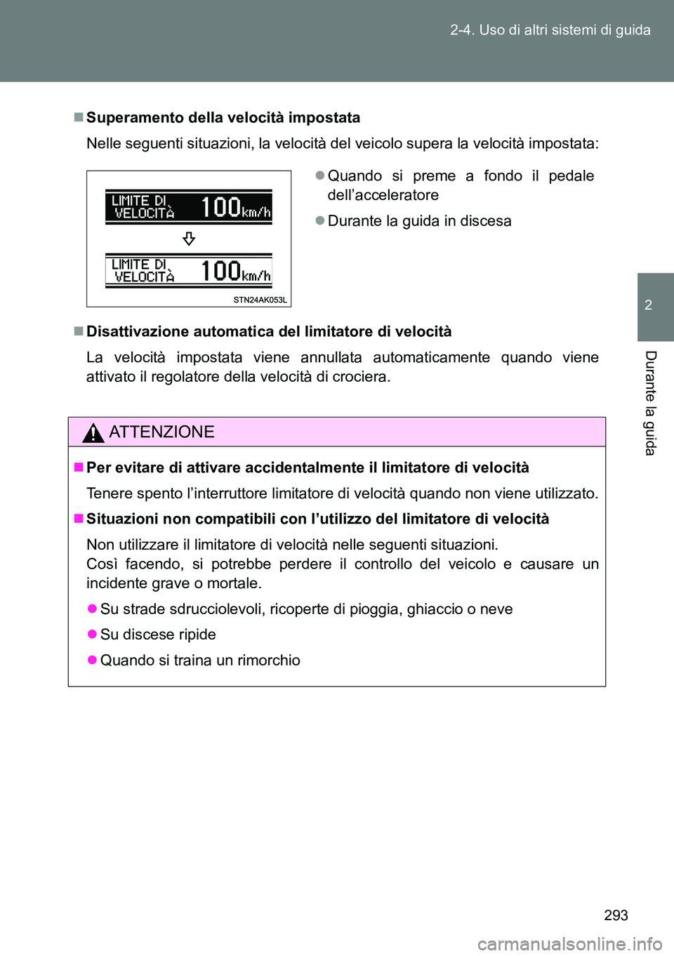 TOYOTA VERSO 2014 Manuale duso (in Italian) 293 2-4. Uso di altri sistemi di guida
2
Durante la guida
Superamento della velocità impostata
Nelle seguenti situazioni, la velocità del veicolo supera la velocità impostata:
Disattivazione TOYOTA VERSO 2014 Manuale duso (in Italian) 293 2-4. Uso di altri sistemi di guida
2
Durante la guida
Superamento della velocità impostata
Nelle seguenti situazioni, la velocità del veicolo supera la velocità impostata:
Disattivazione