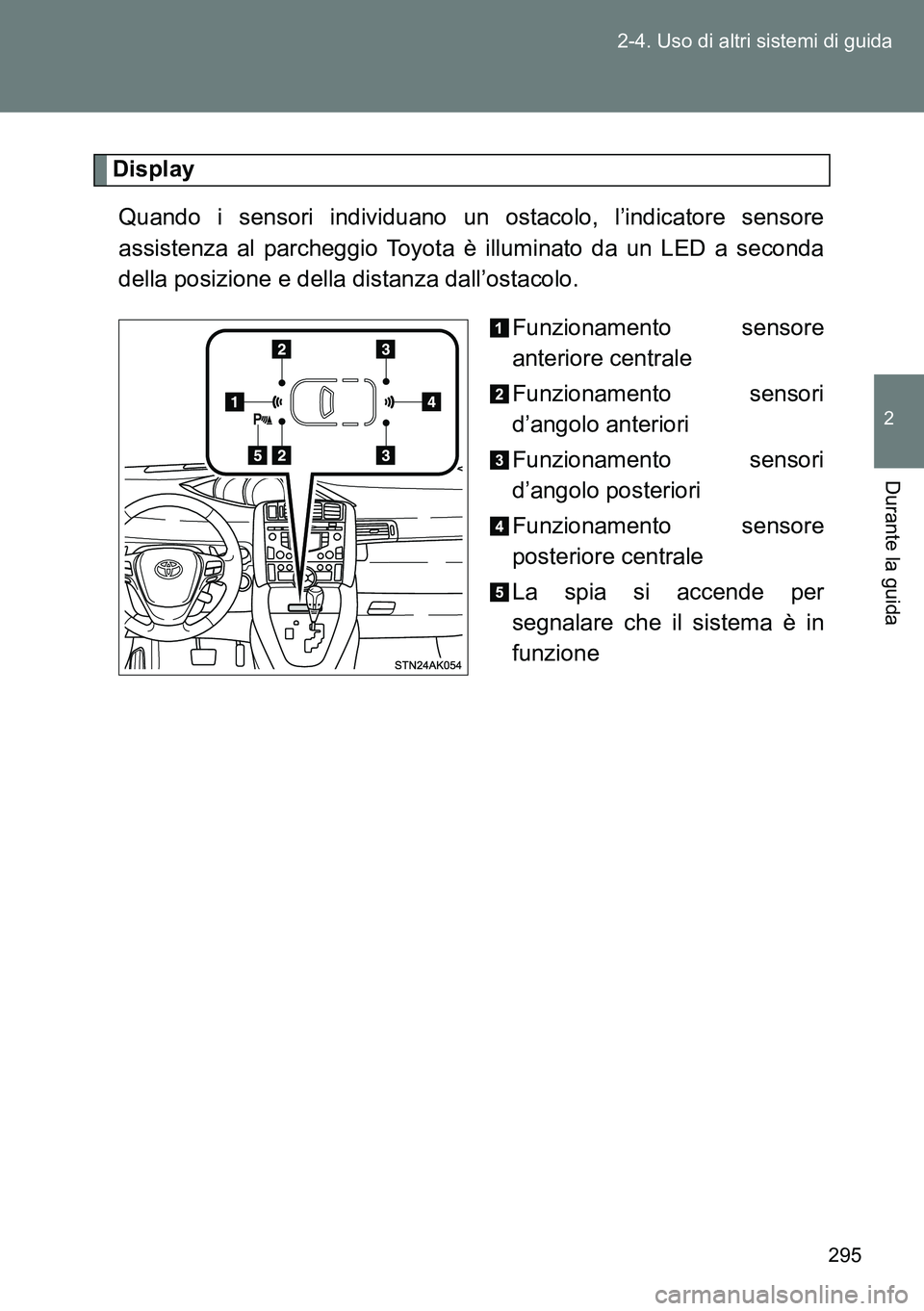 TOYOTA VERSO 2014 Manuale duso (in Italian) 295 2-4. Uso di altri sistemi di guida
2
Durante la guida
Display
Quando i sensori individuano un ostacolo, l’indicatore sensore
assistenza al parcheggio Toyota è illuminato da un LED a seconda
del TOYOTA VERSO 2014 Manuale duso (in Italian) 295 2-4. Uso di altri sistemi di guida
2
Durante la guida
Display
Quando i sensori individuano un ostacolo, l’indicatore sensore
assistenza al parcheggio Toyota è illuminato da un LED a seconda
del