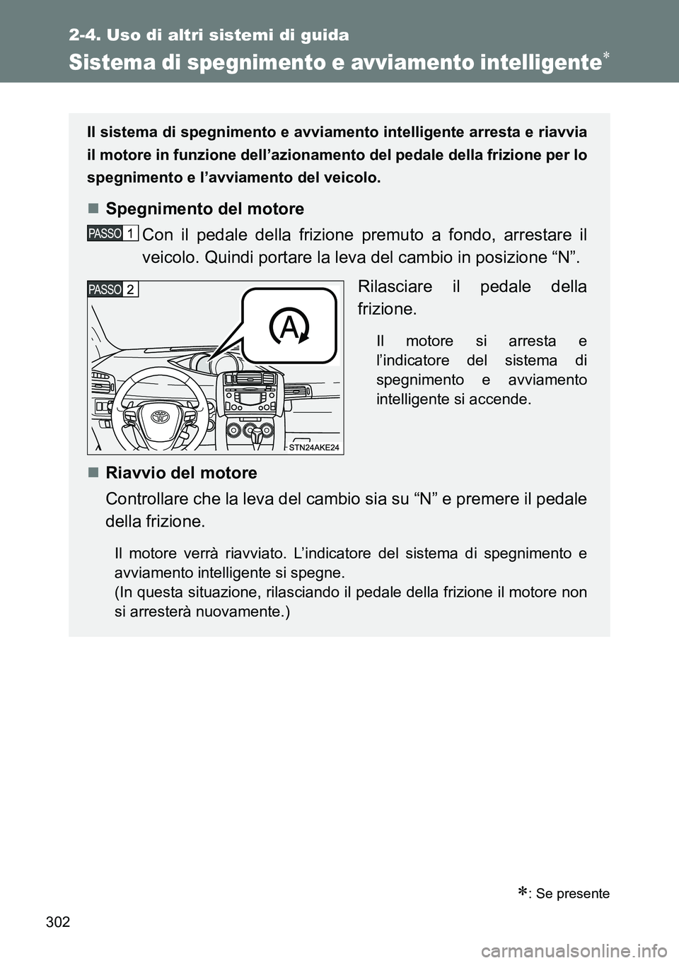 TOYOTA VERSO 2014 Manuale duso (in Italian) 302
2-4. Uso di altri sistemi di guida
Sistema di spegnimento e avviamento intelligente
: Se presente
Il sistema di spegnimento e avviamento intelligente arresta e riavvia
il motore in funzione TOYOTA VERSO 2014 Manuale duso (in Italian) 302
2-4. Uso di altri sistemi di guida
Sistema di spegnimento e avviamento intelligente
: Se presente
Il sistema di spegnimento e avviamento intelligente arresta e riavvia
il motore in funzione