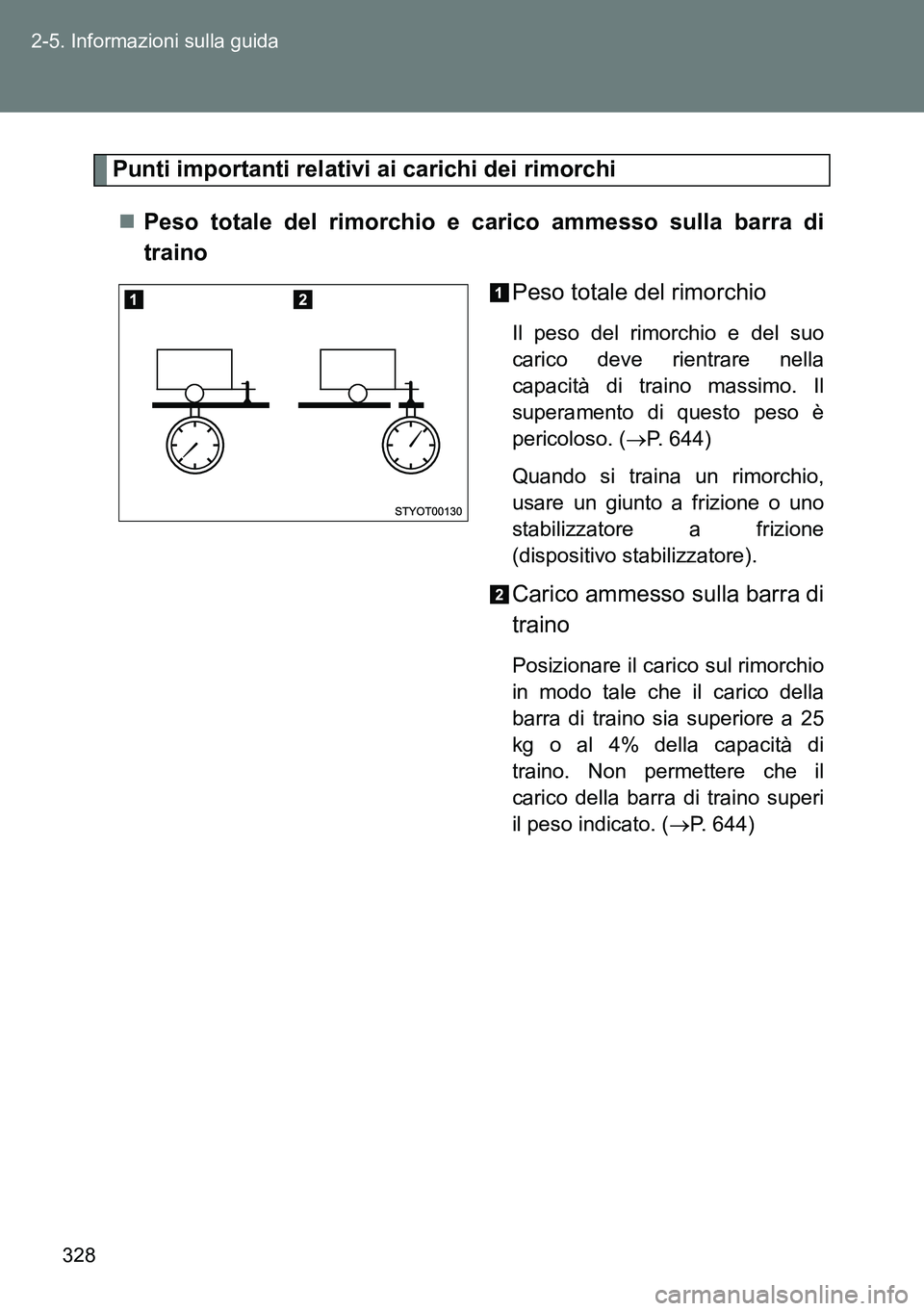 TOYOTA VERSO 2014 Manuale duso (in Italian) 328 2-5. Informazioni sulla guida
Punti importanti relativi ai carichi dei rimorchi
Peso totale del rimorchio e carico ammesso sulla barra di
traino
Peso totale del rimorchio
Il peso del rimorchio TOYOTA VERSO 2014 Manuale duso (in Italian) 328 2-5. Informazioni sulla guida
Punti importanti relativi ai carichi dei rimorchi
Peso totale del rimorchio e carico ammesso sulla barra di
traino
Peso totale del rimorchio
Il peso del rimorchio