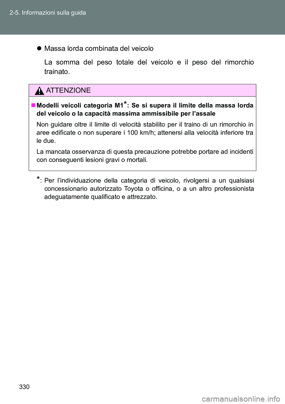 TOYOTA VERSO 2014 Manuale duso (in Italian) 330 2-5. Informazioni sulla guida
Massa lorda combinata del veicolo
La somma del peso totale del veicolo e il peso del rimorchio
trainato.
*: Per l’individuazione della categoria di veicolo, rivo TOYOTA VERSO 2014 Manuale duso (in Italian) 330 2-5. Informazioni sulla guida
Massa lorda combinata del veicolo
La somma del peso totale del veicolo e il peso del rimorchio
trainato.
*: Per l’individuazione della categoria di veicolo, rivo