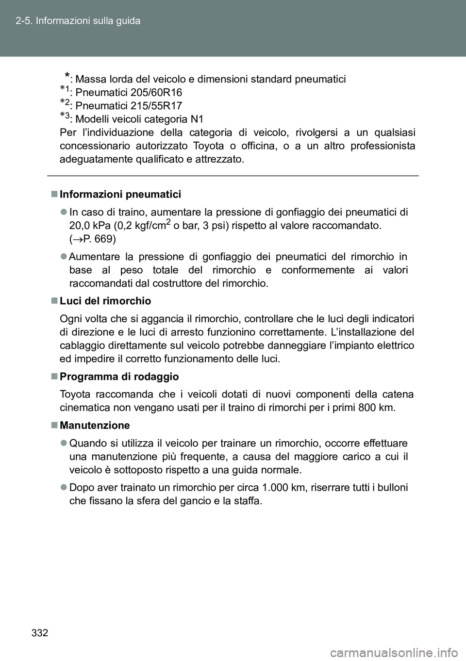 TOYOTA VERSO 2014 Manuale duso (in Italian) 332 2-5. Informazioni sulla guida
*: Massa lorda del veicolo e dimensioni standard pneumatici1: Pneumatici 205/60R162: Pneumatici 215/55R173: Modelli veicoli categoria N1
Per l’individuazio TOYOTA VERSO 2014 Manuale duso (in Italian) 332 2-5. Informazioni sulla guida
*: Massa lorda del veicolo e dimensioni standard pneumatici1: Pneumatici 205/60R162: Pneumatici 215/55R173: Modelli veicoli categoria N1
Per l’individuazio