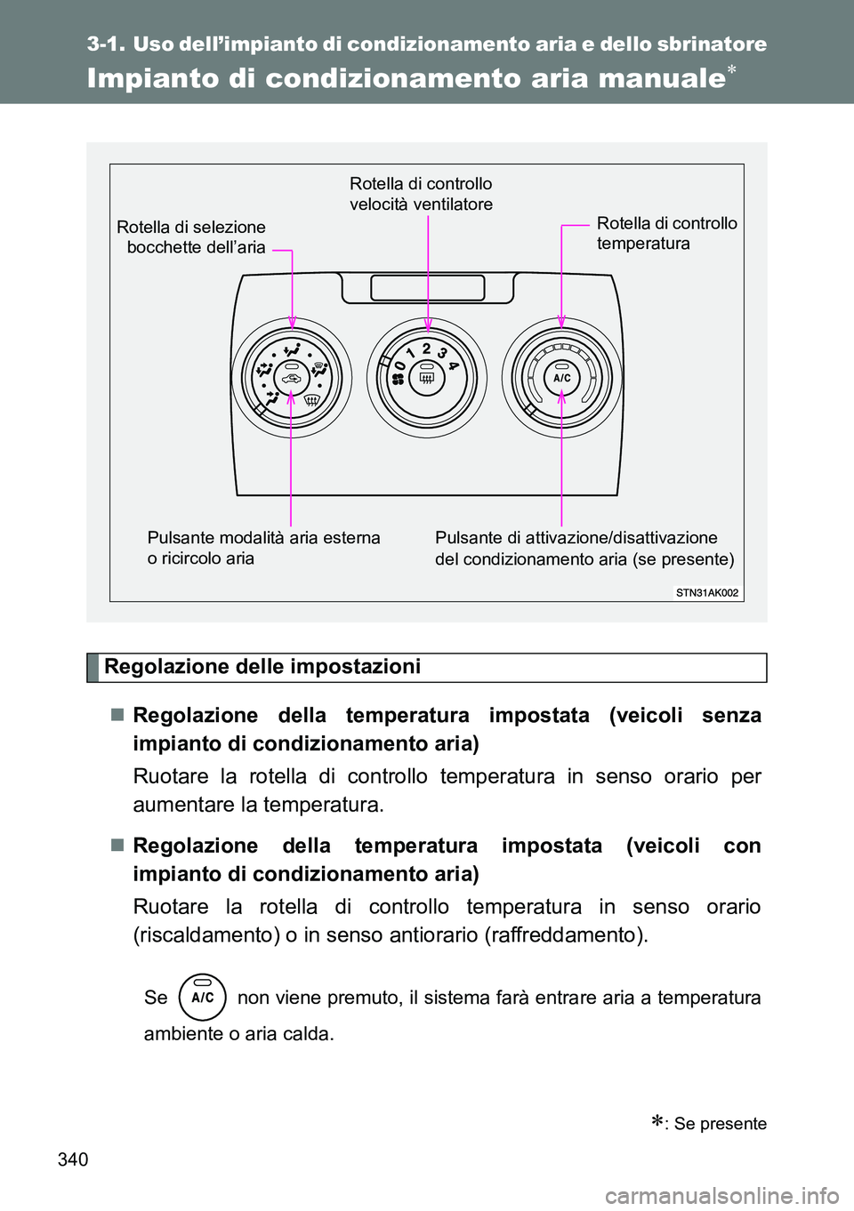 TOYOTA VERSO 2014 Manuale duso (in Italian) 340
3-1. Uso dell’impianto di condizionamento aria e dello sbrinatore
Impianto di condizionamento aria manuale
Regolazione delle impostazioni
Regolazione della temperatura impostata (veicoli s TOYOTA VERSO 2014 Manuale duso (in Italian) 340
3-1. Uso dell’impianto di condizionamento aria e dello sbrinatore
Impianto di condizionamento aria manuale
Regolazione delle impostazioni
Regolazione della temperatura impostata (veicoli s