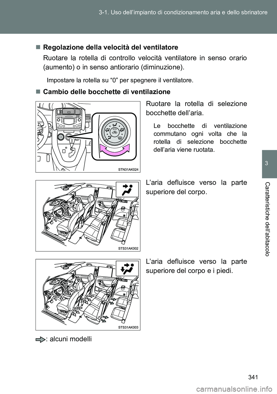 TOYOTA VERSO 2014 Manuale duso (in Italian) 341 3-1. Uso dell’impianto di condizionamento aria e dello sbrinatore
3
Caratteristiche dell’abitacolo
Regolazione della velocità del ventilatore
Ruotare la rotella di controllo velocità vent TOYOTA VERSO 2014 Manuale duso (in Italian) 341 3-1. Uso dell’impianto di condizionamento aria e dello sbrinatore
3
Caratteristiche dell’abitacolo
Regolazione della velocità del ventilatore
Ruotare la rotella di controllo velocità vent