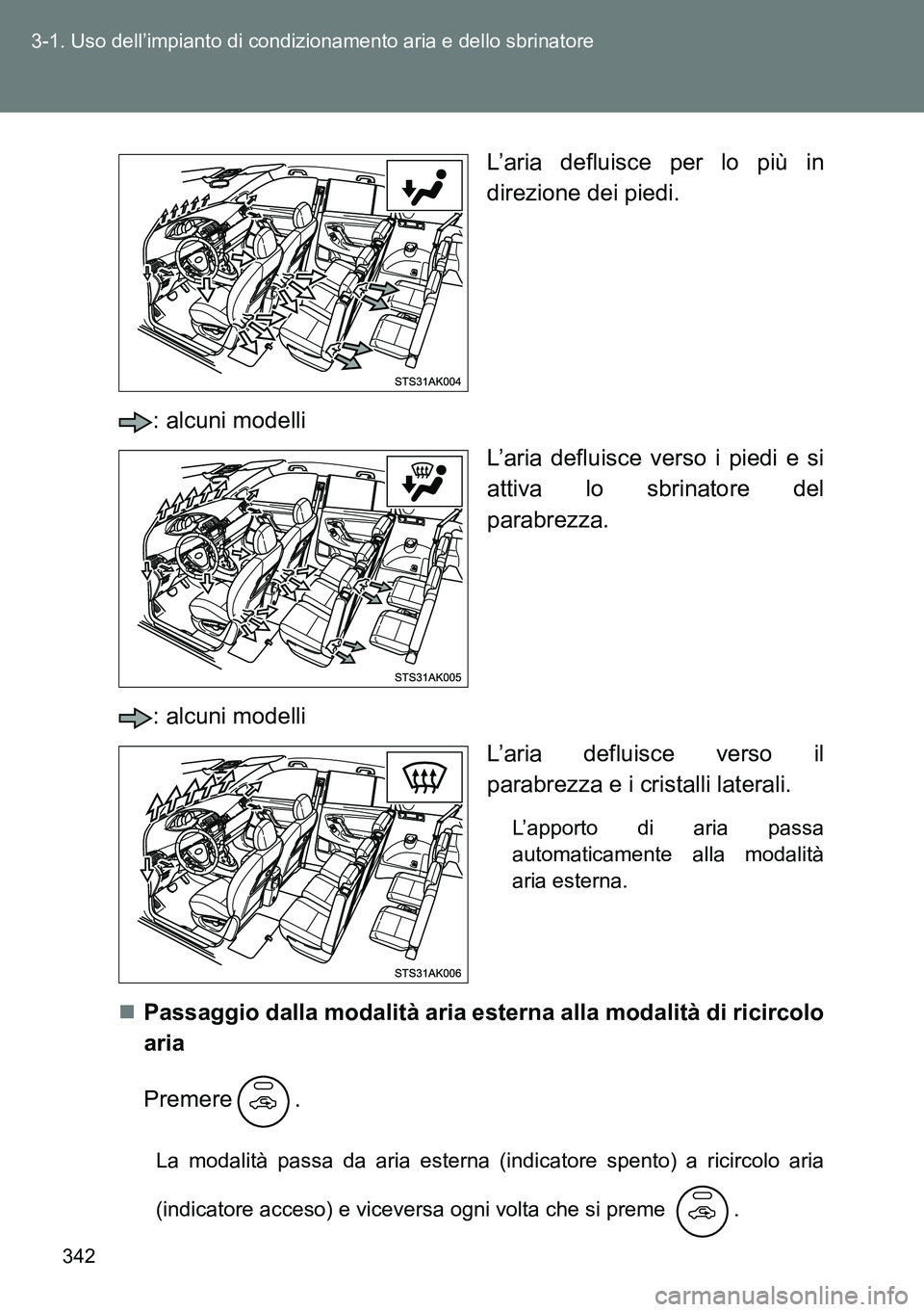 TOYOTA VERSO 2014 Manuale duso (in Italian) 342 3-1. Uso dell’impianto di condizionamento aria e dello sbrinatore
L’aria defluisce per lo più in
direzione dei piedi.
: alcuni modelli
L’aria defluisce verso i piedi e si
attiva lo sbrinato TOYOTA VERSO 2014 Manuale duso (in Italian) 342 3-1. Uso dell’impianto di condizionamento aria e dello sbrinatore
L’aria defluisce per lo più in
direzione dei piedi.
: alcuni modelli
L’aria defluisce verso i piedi e si
attiva lo sbrinato