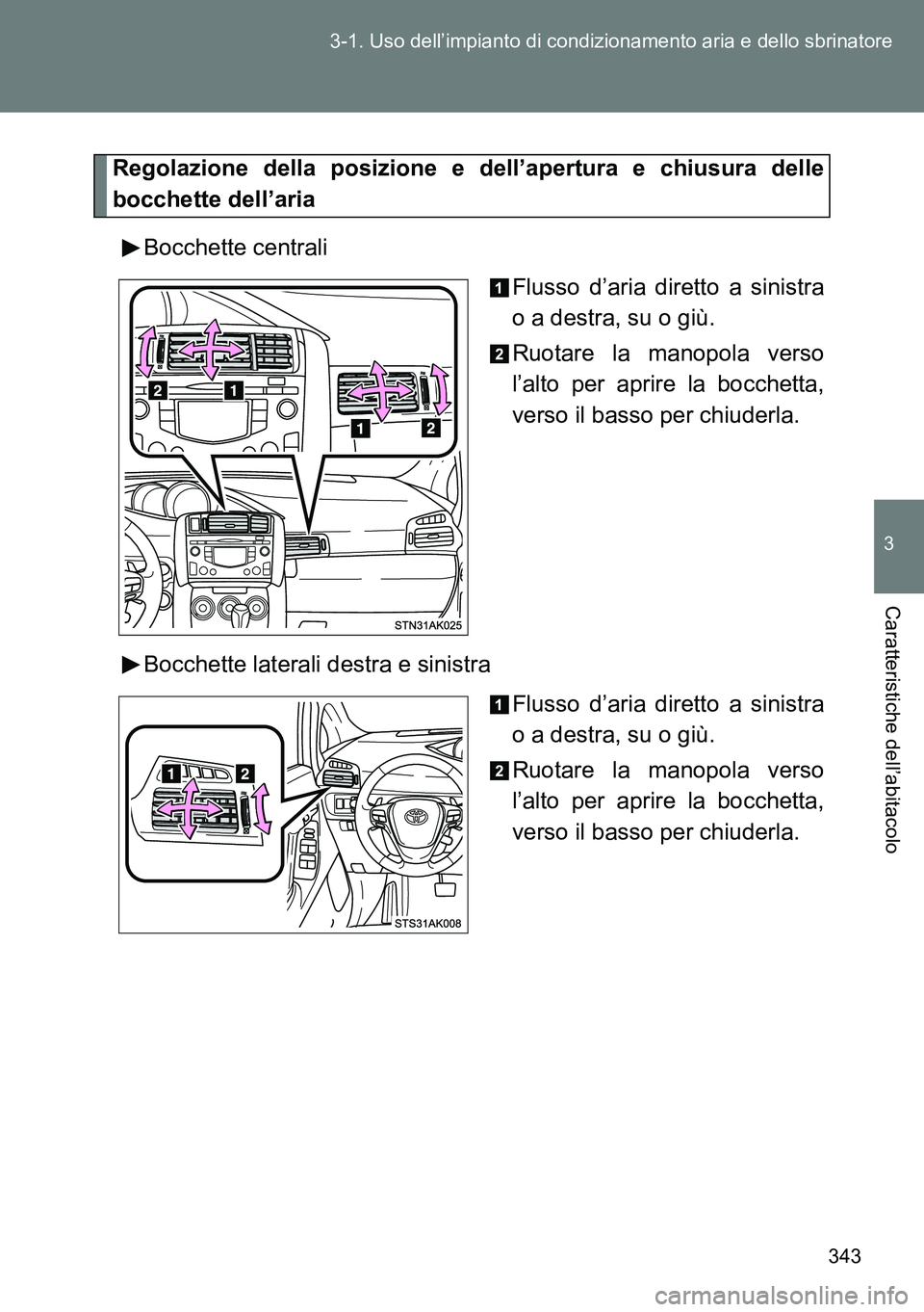 TOYOTA VERSO 2014 Manuale duso (in Italian) 343 3-1. Uso dell’impianto di condizionamento aria e dello sbrinatore
3
Caratteristiche dell’abitacolo
Regolazione della posizione e dell’apertura e chiusura delle
bocchette dell’aria
Bocchett TOYOTA VERSO 2014 Manuale duso (in Italian) 343 3-1. Uso dell’impianto di condizionamento aria e dello sbrinatore
3
Caratteristiche dell’abitacolo
Regolazione della posizione e dell’apertura e chiusura delle
bocchette dell’aria
Bocchett