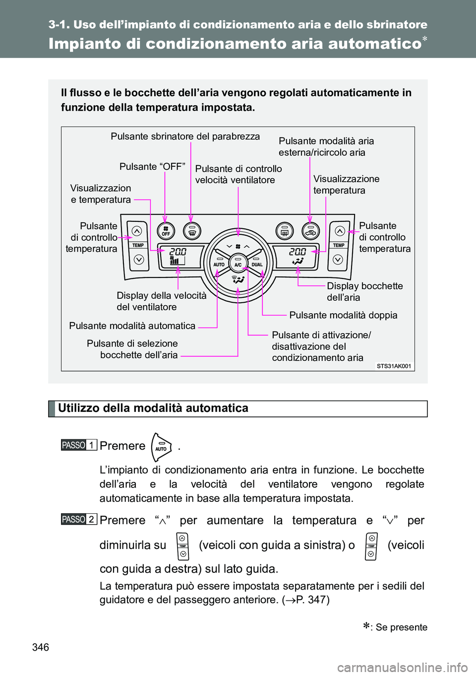 TOYOTA VERSO 2014 Manuale duso (in Italian) 346
3-1. Uso dell’impianto di condizionamento aria e dello sbrinatore
Impianto di condizionamento aria automatico
Utilizzo della modalità automatica
Premere .
L’impianto di condizionamento ari TOYOTA VERSO 2014 Manuale duso (in Italian) 346
3-1. Uso dell’impianto di condizionamento aria e dello sbrinatore
Impianto di condizionamento aria automatico
Utilizzo della modalità automatica
Premere .
L’impianto di condizionamento ari