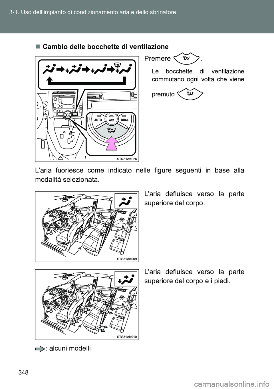 TOYOTA VERSO 2014 Manuale duso (in Italian) 348 3-1. Uso dell’impianto di condizionamento aria e dello sbrinatore
Cambio delle bocchette di ventilazione
Premere .
Le bocchette di ventilazione
commutano ogni volta che viene
premuto .
L’a TOYOTA VERSO 2014 Manuale duso (in Italian) 348 3-1. Uso dell’impianto di condizionamento aria e dello sbrinatore
Cambio delle bocchette di ventilazione
Premere .
Le bocchette di ventilazione
commutano ogni volta che viene
premuto .
L’a