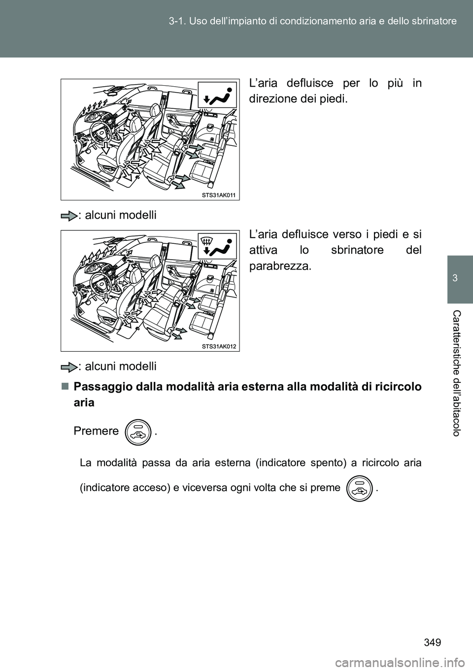TOYOTA VERSO 2014 Manuale duso (in Italian) 349 3-1. Uso dell’impianto di condizionamento aria e dello sbrinatore
3
Caratteristiche dell’abitacolo
L’aria defluisce per lo più in
direzione dei piedi.
: alcuni modelli
L’aria defluisce ve TOYOTA VERSO 2014 Manuale duso (in Italian) 349 3-1. Uso dell’impianto di condizionamento aria e dello sbrinatore
3
Caratteristiche dell’abitacolo
L’aria defluisce per lo più in
direzione dei piedi.
: alcuni modelli
L’aria defluisce ve