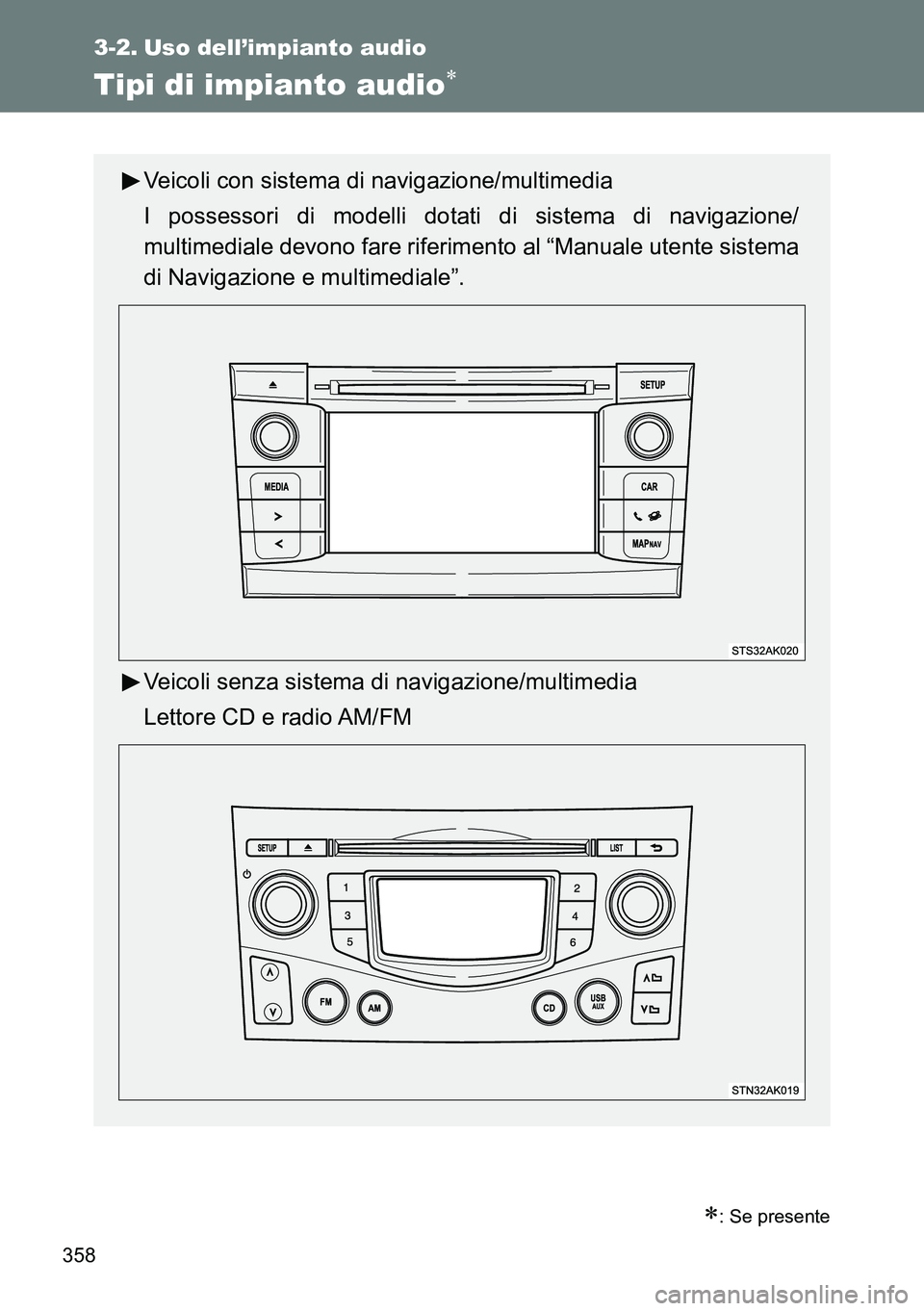 TOYOTA VERSO 2014 Manuale duso (in Italian) 358
3-2. Uso dell’impianto audio
Tipi di impianto audio
: Se presente
Veicoli con sistema di navigazione/multimedia
I possessori di modelli dotati di sistema di navigazione/
multimediale devon TOYOTA VERSO 2014 Manuale duso (in Italian) 358
3-2. Uso dell’impianto audio
Tipi di impianto audio
: Se presente
Veicoli con sistema di navigazione/multimedia
I possessori di modelli dotati di sistema di navigazione/
multimediale devon