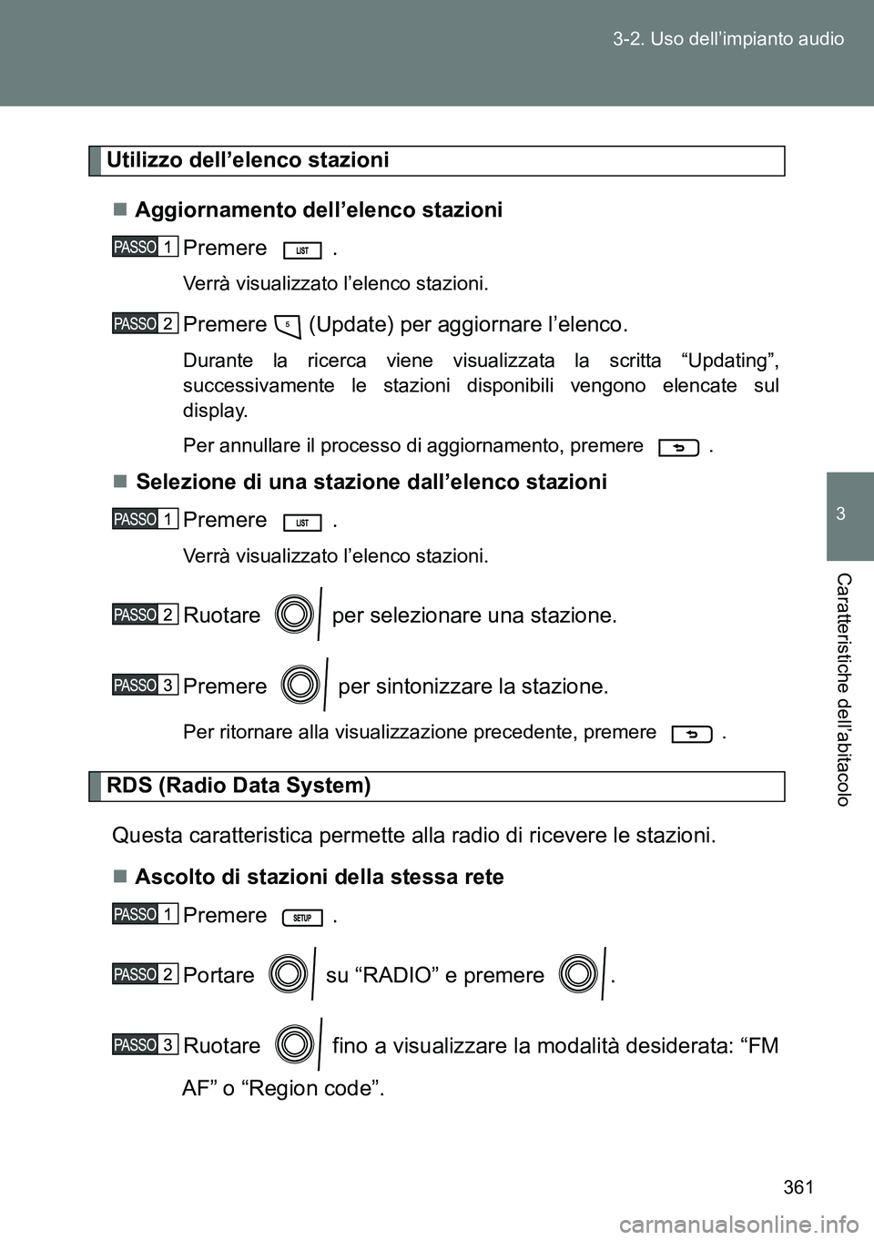 TOYOTA VERSO 2014 Manuale duso (in Italian) 361 3-2. Uso dell’impianto audio
3
Caratteristiche dell’abitacolo
Utilizzo dell’elenco stazioni
Aggiornamento dell’elenco stazioni
Premere .
Verrà visualizzato l’elenco stazioni.
Premere TOYOTA VERSO 2014 Manuale duso (in Italian) 361 3-2. Uso dell’impianto audio
3
Caratteristiche dell’abitacolo
Utilizzo dell’elenco stazioni
Aggiornamento dell’elenco stazioni
Premere .
Verrà visualizzato l’elenco stazioni.
Premere