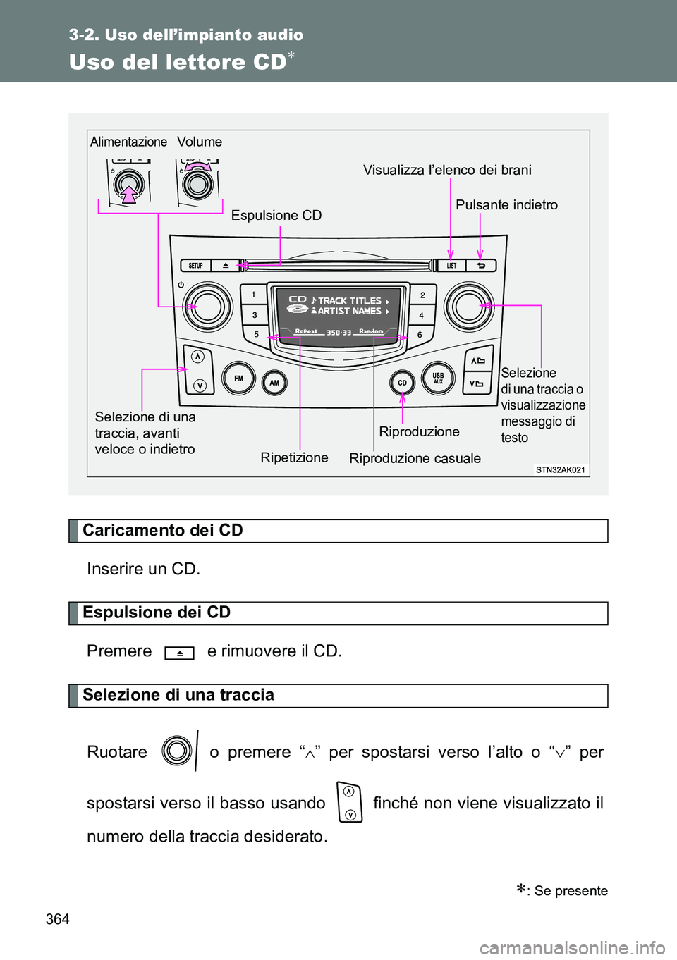 TOYOTA VERSO 2014 Manuale duso (in Italian) 364
3-2. Uso dell’impianto audio
Uso del lettore CD
Caricamento dei CD
Inserire un CD.
Espulsione dei CD
Premere e rimuovere il CD.
Selezione di una traccia
Ruotare o premere “
” per sp TOYOTA VERSO 2014 Manuale duso (in Italian) 364
3-2. Uso dell’impianto audio
Uso del lettore CD
Caricamento dei CD
Inserire un CD.
Espulsione dei CD
Premere e rimuovere il CD.
Selezione di una traccia
Ruotare o premere “
” per sp