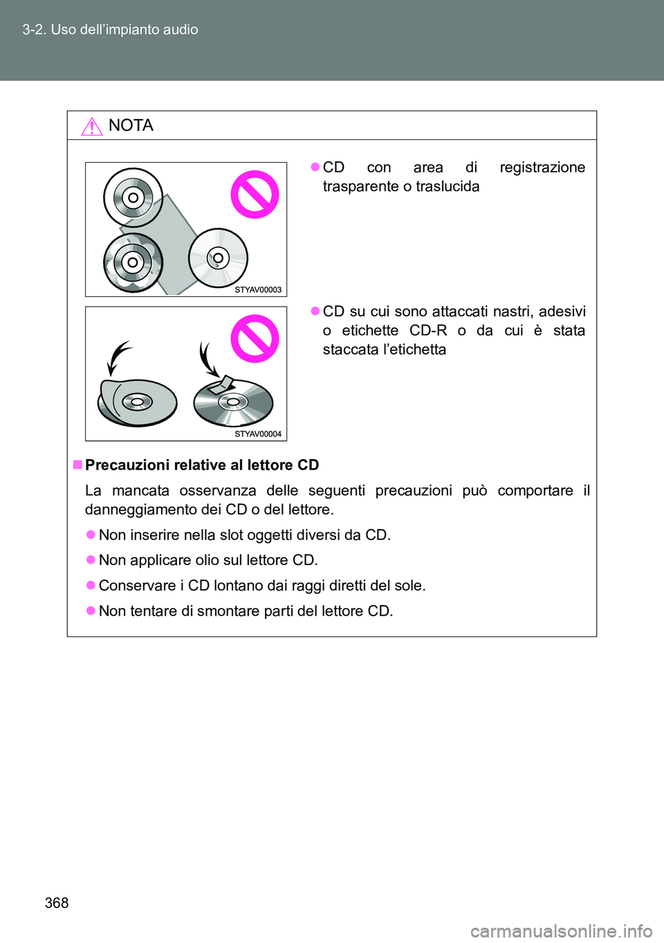 TOYOTA VERSO 2014 Manuale duso (in Italian) 368 3-2. Uso dell’impianto audio
NOTA
Precauzioni relative al lettore CD
La mancata osservanza delle seguenti precauzioni può comportare il
danneggiamento dei CD o del lettore.
Non inserire n TOYOTA VERSO 2014 Manuale duso (in Italian) 368 3-2. Uso dell’impianto audio
NOTA
Precauzioni relative al lettore CD
La mancata osservanza delle seguenti precauzioni può comportare il
danneggiamento dei CD o del lettore.
Non inserire n