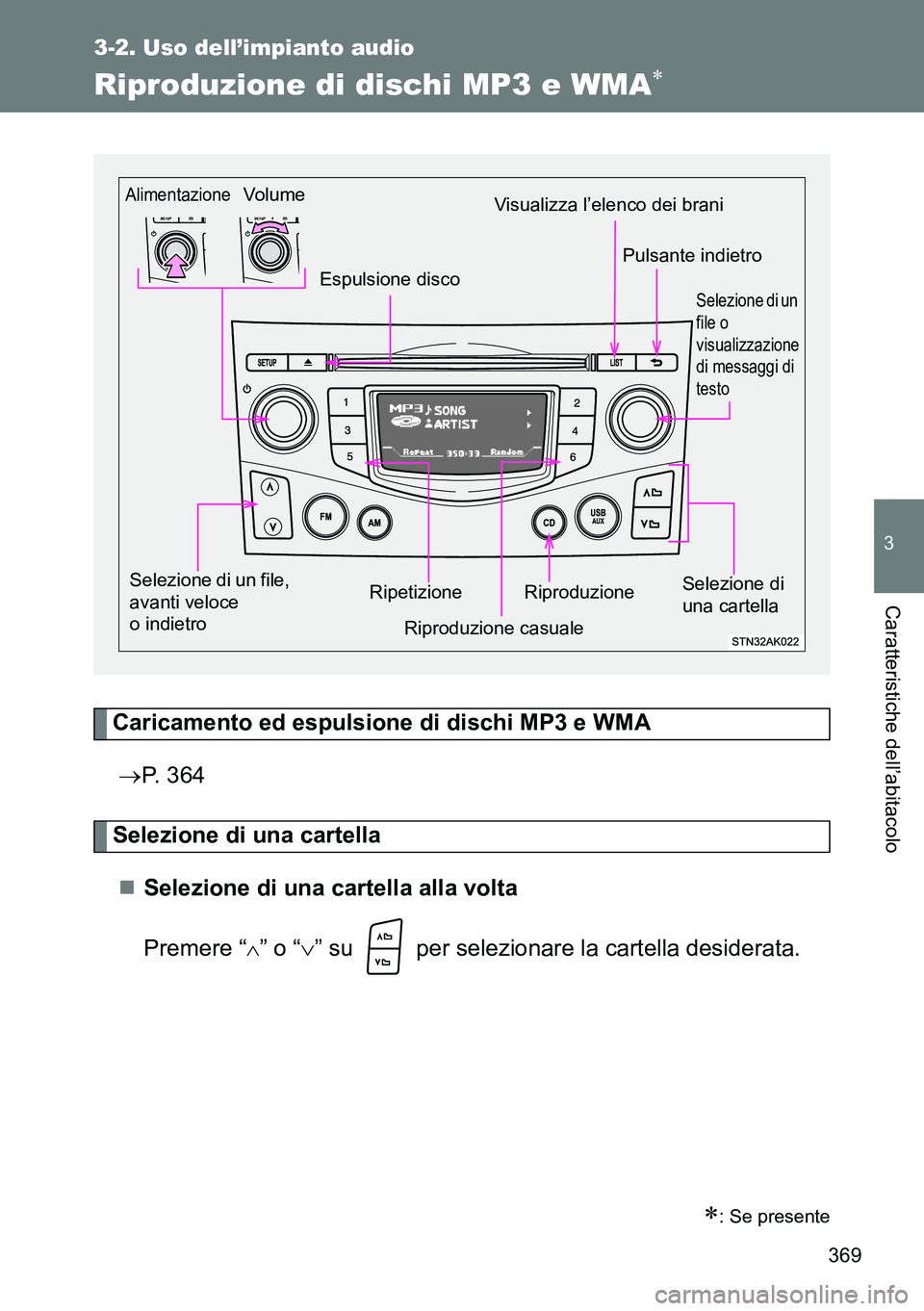 TOYOTA VERSO 2014 Manuale duso (in Italian) 369
3-2. Uso dell’impianto audio
3
Caratteristiche dell’abitacolo
Riproduzione di dischi MP3 e WMA
Caricamento ed espulsione di dischi MP3 e WMA
P. 364
Selezione di una cartella
Selezione TOYOTA VERSO 2014 Manuale duso (in Italian) 369
3-2. Uso dell’impianto audio
3
Caratteristiche dell’abitacolo
Riproduzione di dischi MP3 e WMA
Caricamento ed espulsione di dischi MP3 e WMA
P. 364
Selezione di una cartella
Selezione