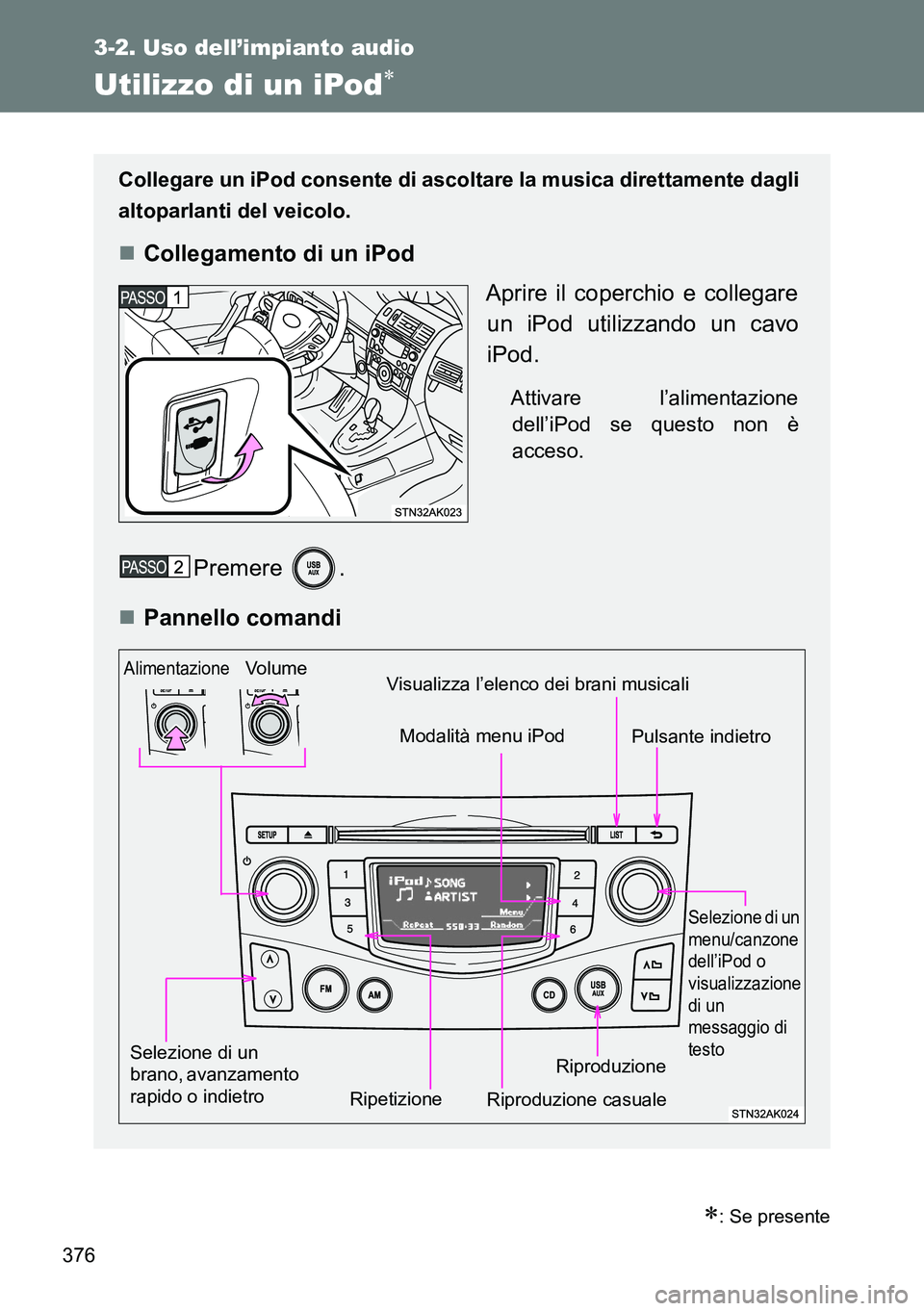 TOYOTA VERSO 2014 Manuale duso (in Italian) 376
3-2. Uso dell’impianto audio
Utilizzo di un iPod
: Se presente
Collegare un iPod consente di ascoltare la musica direttamente dagli
altoparlanti del veicolo.
Collegamento di un iPod
Apr TOYOTA VERSO 2014 Manuale duso (in Italian) 376
3-2. Uso dell’impianto audio
Utilizzo di un iPod
: Se presente
Collegare un iPod consente di ascoltare la musica direttamente dagli
altoparlanti del veicolo.
Collegamento di un iPod
Apr