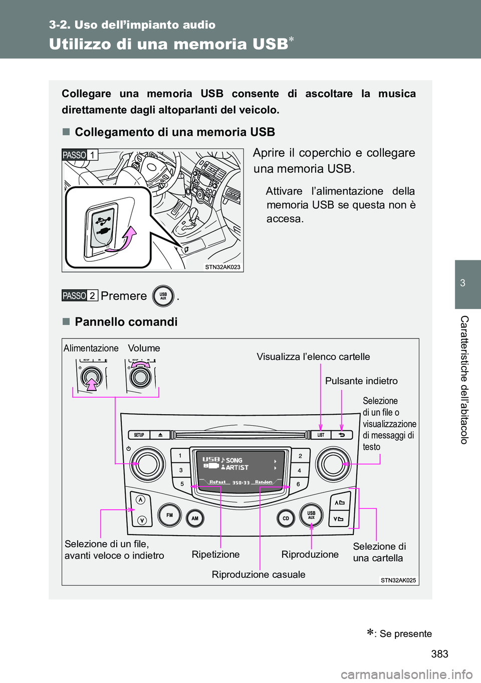 TOYOTA VERSO 2014 Manuale duso (in Italian) 383
3-2. Uso dell’impianto audio
3
Caratteristiche dell’abitacolo
Utilizzo di una memoria USB
: Se presente
Collegare una memoria USB consente di ascoltare la musica
direttamente dagli altop TOYOTA VERSO 2014 Manuale duso (in Italian) 383
3-2. Uso dell’impianto audio
3
Caratteristiche dell’abitacolo
Utilizzo di una memoria USB
: Se presente
Collegare una memoria USB consente di ascoltare la musica
direttamente dagli altop