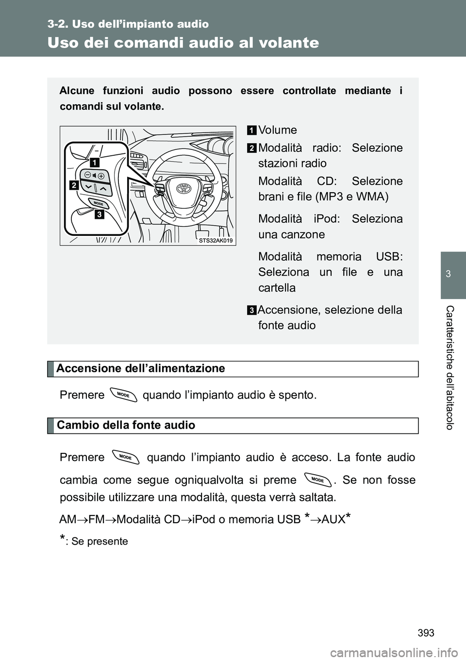 TOYOTA VERSO 2014  Manuale duso (in Italian) 393
3-2. Uso dell’impianto audio
3
Caratteristiche dell’abitacolo
Uso dei comandi audio al volante
Accensione dell’alimentazione
Premere   quando l’impianto audio è spento.
Cambio della fonte