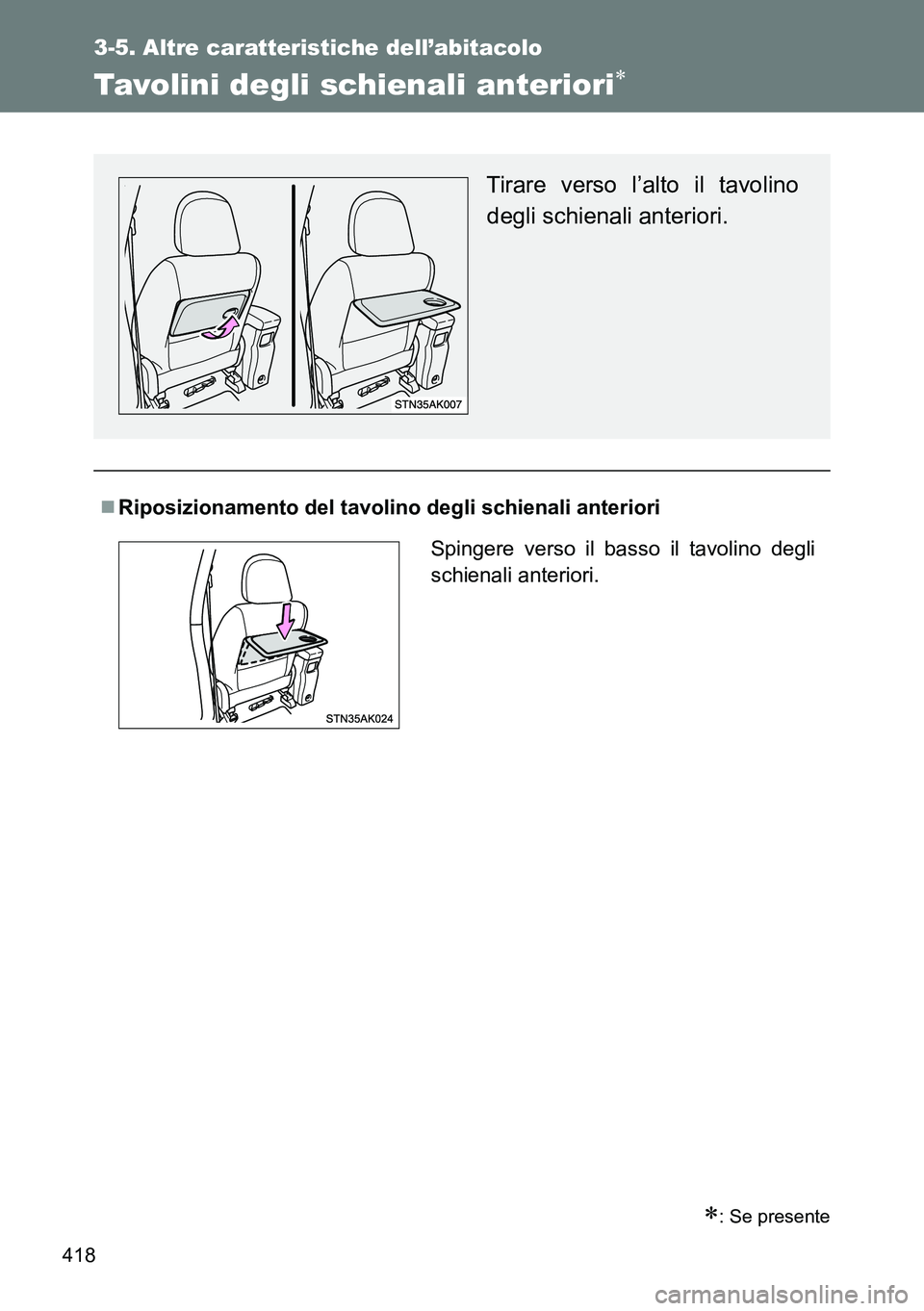 TOYOTA VERSO 2014  Manuale duso (in Italian) 418
3-5. Altre caratteristiche dell’abitacolo
Tavolini degli schienali anteriori
: Se presente
Riposizionamento del tavolino degli schienali anteriori
Tirare verso l’alto il tavolino
degl
