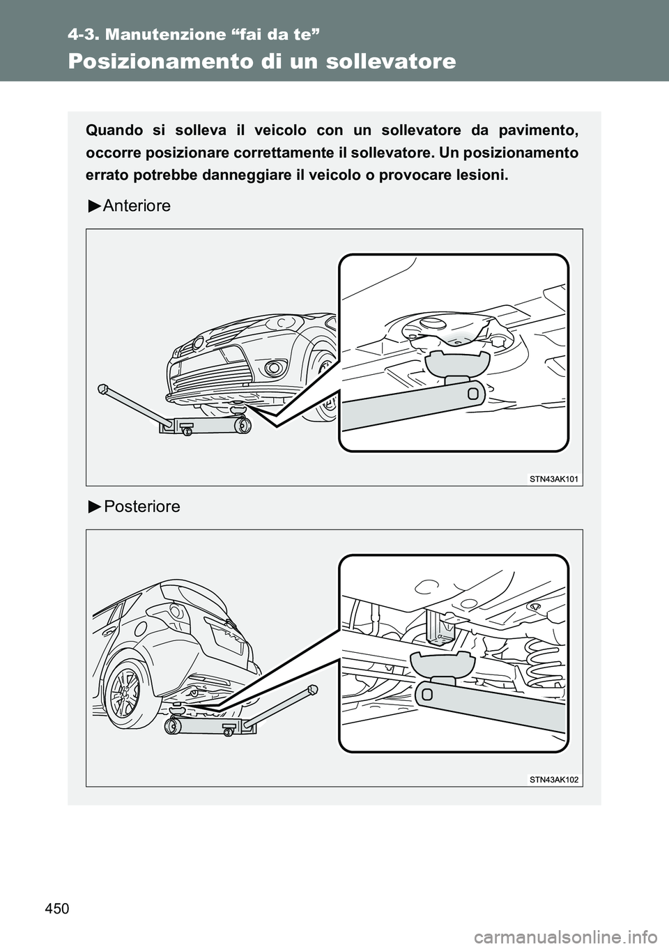 TOYOTA VERSO 2014  Manuale duso (in Italian) 450
4-3. Manutenzione “fai da te”
Posizionamento di un sollevatore
Quando si solleva il veicolo con un sollevatore da pavimento,
occorre posizionare correttamente il sollevatore. Un posizionamento