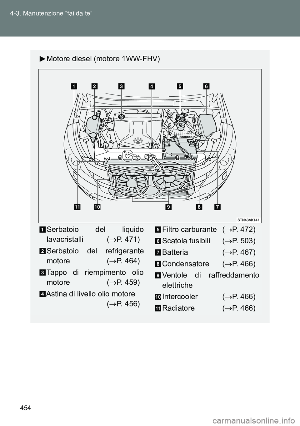 TOYOTA VERSO 2014  Manuale duso (in Italian) 454 4-3. Manutenzione “fai da te”
Motore diesel (motore 1WW-FHV)
Serbatoio del liquido
lavacristalli (P. 471)
Serbatoio del refrigerante
motore (P. 464)
Tappo di riempimento olio
motore (
