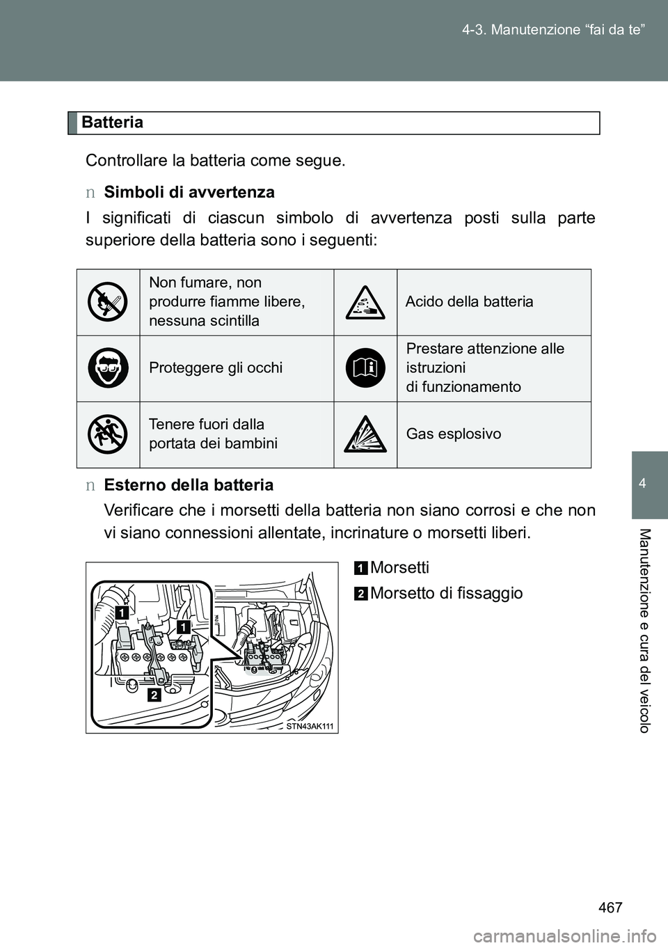 TOYOTA VERSO 2014  Manuale duso (in Italian) 467 4-3. Manutenzione “fai da te”
4
Manutenzione e cura del veicolo
Batteria
Controllare la batteria come segue.
�OSimboli di avvertenza
I significati di ciascun simbolo di avvertenza posti sulla 