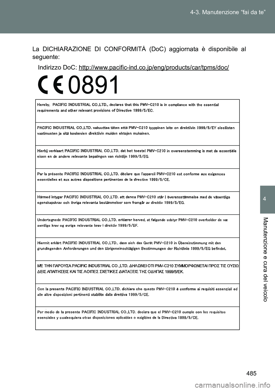 TOYOTA VERSO 2014  Manuale duso (in Italian) 485 4-3. Manutenzione “fai da te”
4
Manutenzione e cura del veicolo
La DICHIARAZIONE DI CONFORMITÀ (DoC) aggiornata è disponibile al
seguente:
Indirizzo DoC: 
http://www.pacific-ind.co.jp/eng/pr
