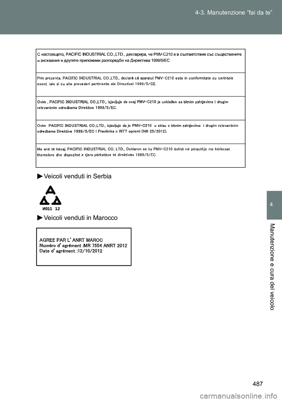 TOYOTA VERSO 2014  Manuale duso (in Italian) 487 4-3. Manutenzione “fai da te”
4
Manutenzione e cura del veicolo
Veicoli venduti in Serbia
Veicoli venduti in Marocco 