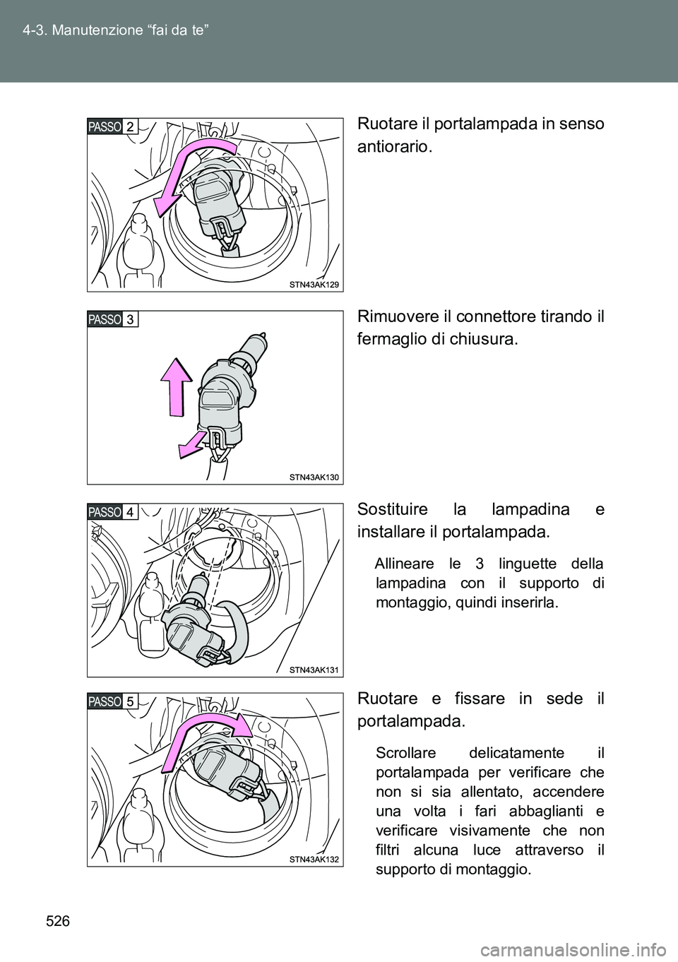TOYOTA VERSO 2014  Manuale duso (in Italian) 526 4-3. Manutenzione “fai da te”
Ruotare il portalampada in senso
antiorario.
Rimuovere il connettore tirando il
fermaglio di chiusura.
Sostituire la lampadina e
installare il portalampada.
Allin