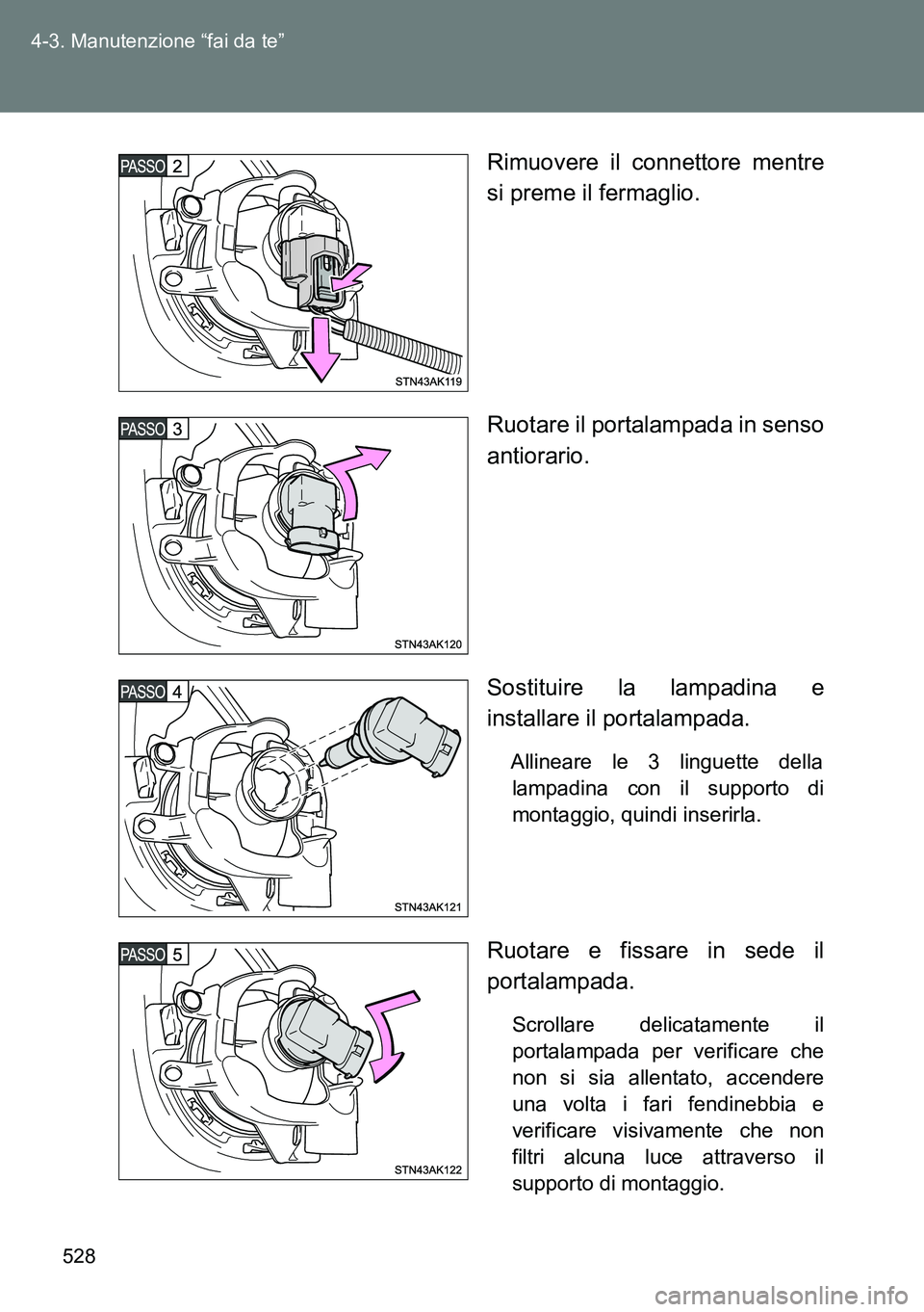 TOYOTA VERSO 2014  Manuale duso (in Italian) 528 4-3. Manutenzione “fai da te”
Rimuovere il connettore mentre
si preme il fermaglio.
Ruotare il portalampada in senso
antiorario.
Sostituire la lampadina e
installare il portalampada.
Allineare