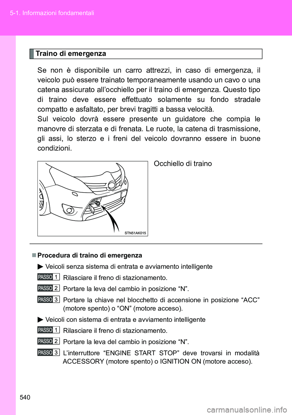 TOYOTA VERSO 2014  Manuale duso (in Italian) 540 5-1. Informazioni fondamentali
Traino di emergenza
Se non è disponibile un carro attrezzi, in caso di emergenza, il
veicolo può essere trainato temporaneamente usando un cavo o una
catena assicu
