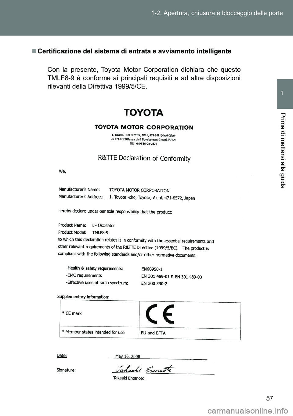 TOYOTA VERSO 2014  Manuale duso (in Italian) 57 1-2. Apertura, chiusura e bloccaggio delle porte
1
Prima di mettersi alla guida
Certificazione del sistema di entrata e avviamento intelligente
Con la presente, Toyota Motor Corporation dichiara