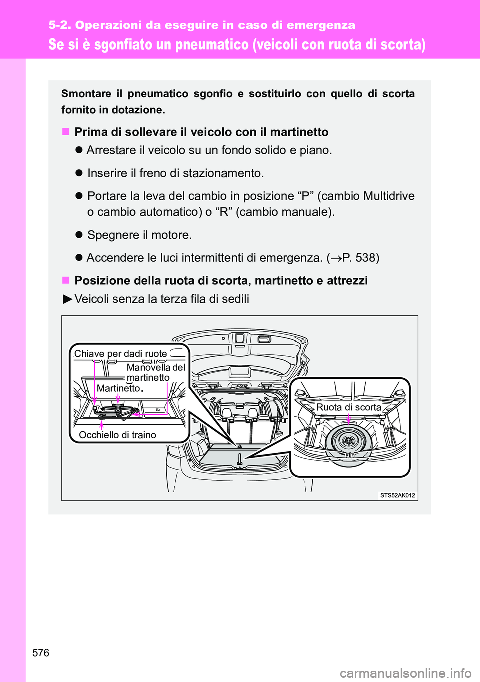 TOYOTA VERSO 2014  Manuale duso (in Italian) 576
5-2. Operazioni da eseguire in caso di emergenza
Se si è sgonfiato un pneumatico (veicoli con ruota di scorta)
Smontare il pneumatico sgonfio e sostituirlo con quello di scorta
fornito in dotazio
