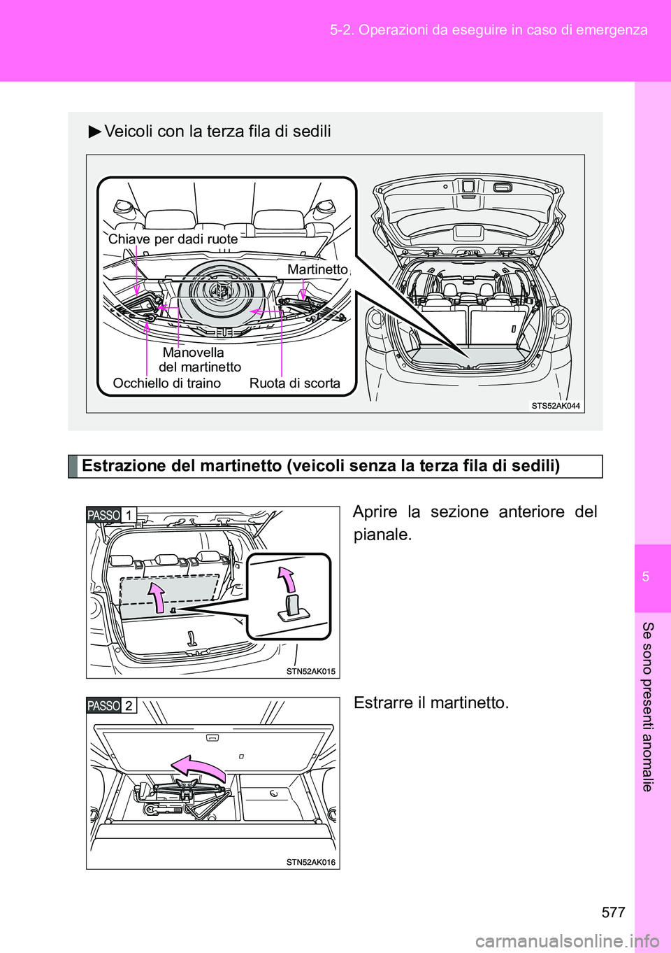 TOYOTA VERSO 2014  Manuale duso (in Italian) 5
577 5-2. Operazioni da eseguire in caso di emergenza
Se sono presenti anomalie
Estrazione del martinetto (veicoli senza la terza fila di sedili)
Aprire la sezione anteriore del
pianale.
Estrarre il 