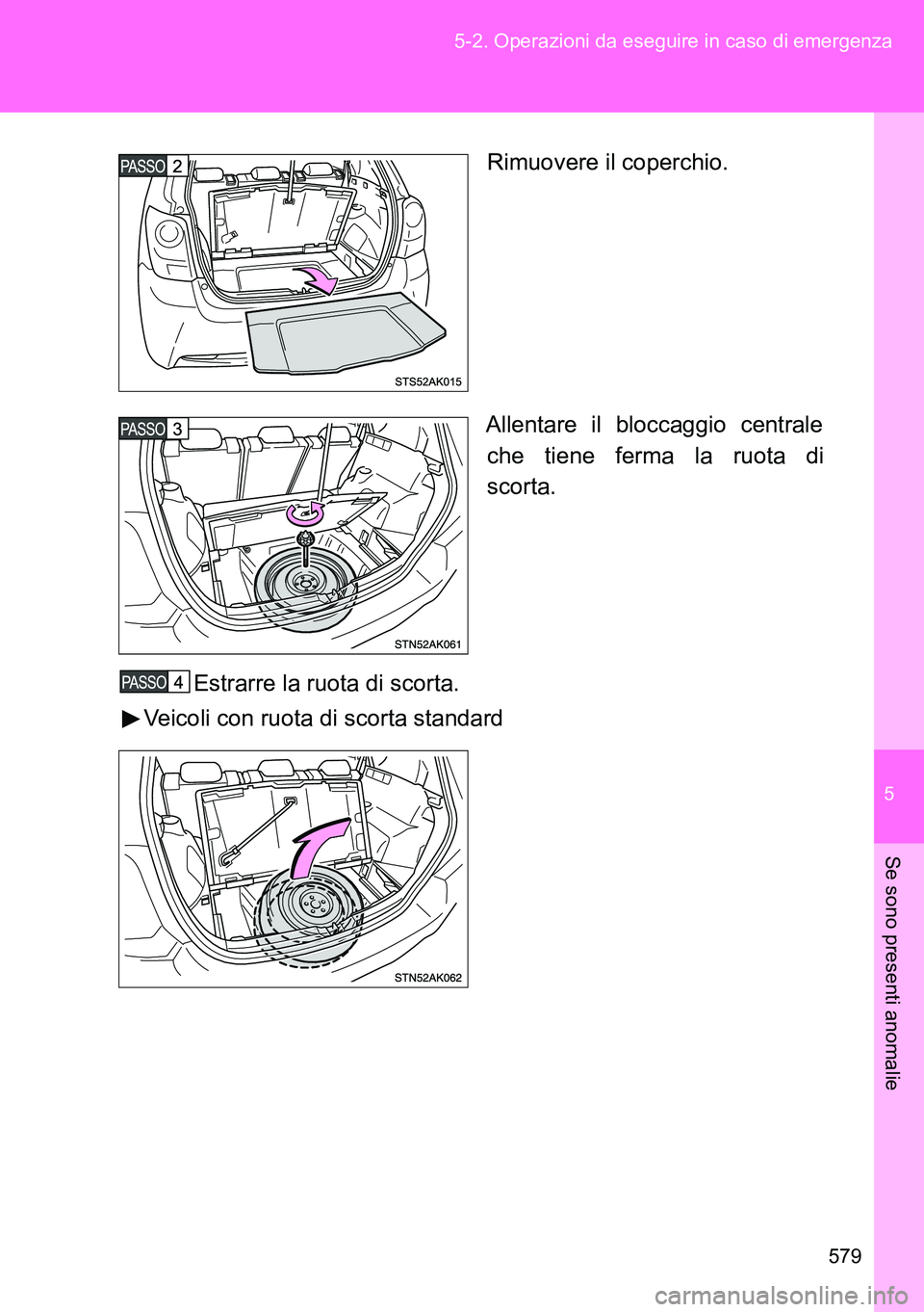TOYOTA VERSO 2014  Manuale duso (in Italian) 5
579 5-2. Operazioni da eseguire in caso di emergenza
Se sono presenti anomalie
Rimuovere il coperchio.
Allentare il bloccaggio centrale
che tiene ferma la ruota di
scorta.
Estrarre la ruota di scort