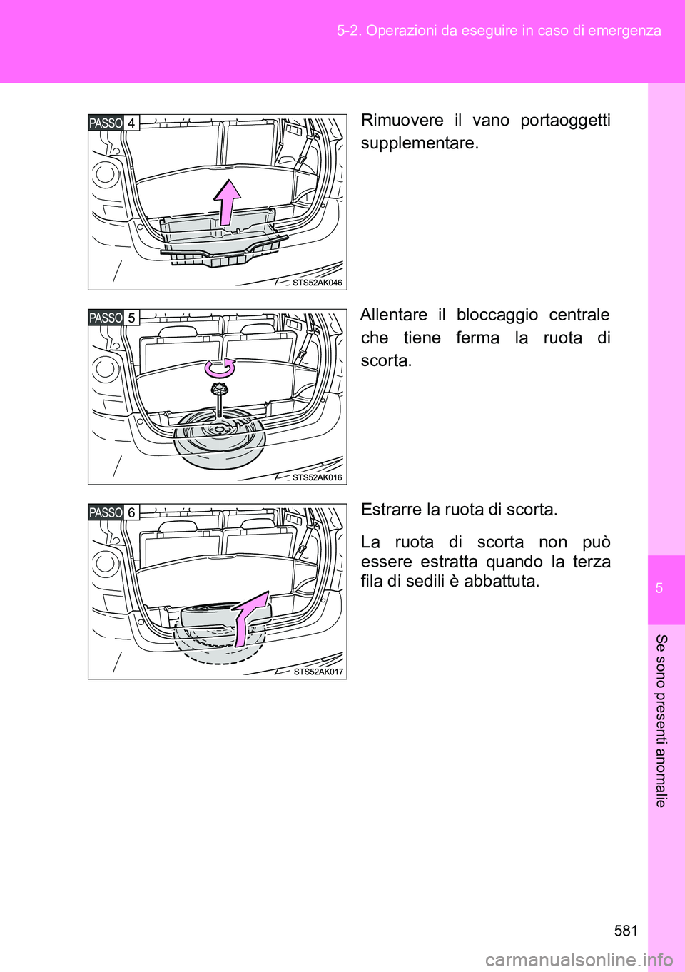 TOYOTA VERSO 2014 Manuale duso (in Italian) 5
581 5-2. Operazioni da eseguire in caso di emergenza
Se sono presenti anomalie
Rimuovere il vano portaoggetti
supplementare.
Allentare il bloccaggio centrale
che tiene ferma la ruota di
scorta.
Estr TOYOTA VERSO 2014 Manuale duso (in Italian) 5
581 5-2. Operazioni da eseguire in caso di emergenza
Se sono presenti anomalie
Rimuovere il vano portaoggetti
supplementare.
Allentare il bloccaggio centrale
che tiene ferma la ruota di
scorta.
Estr