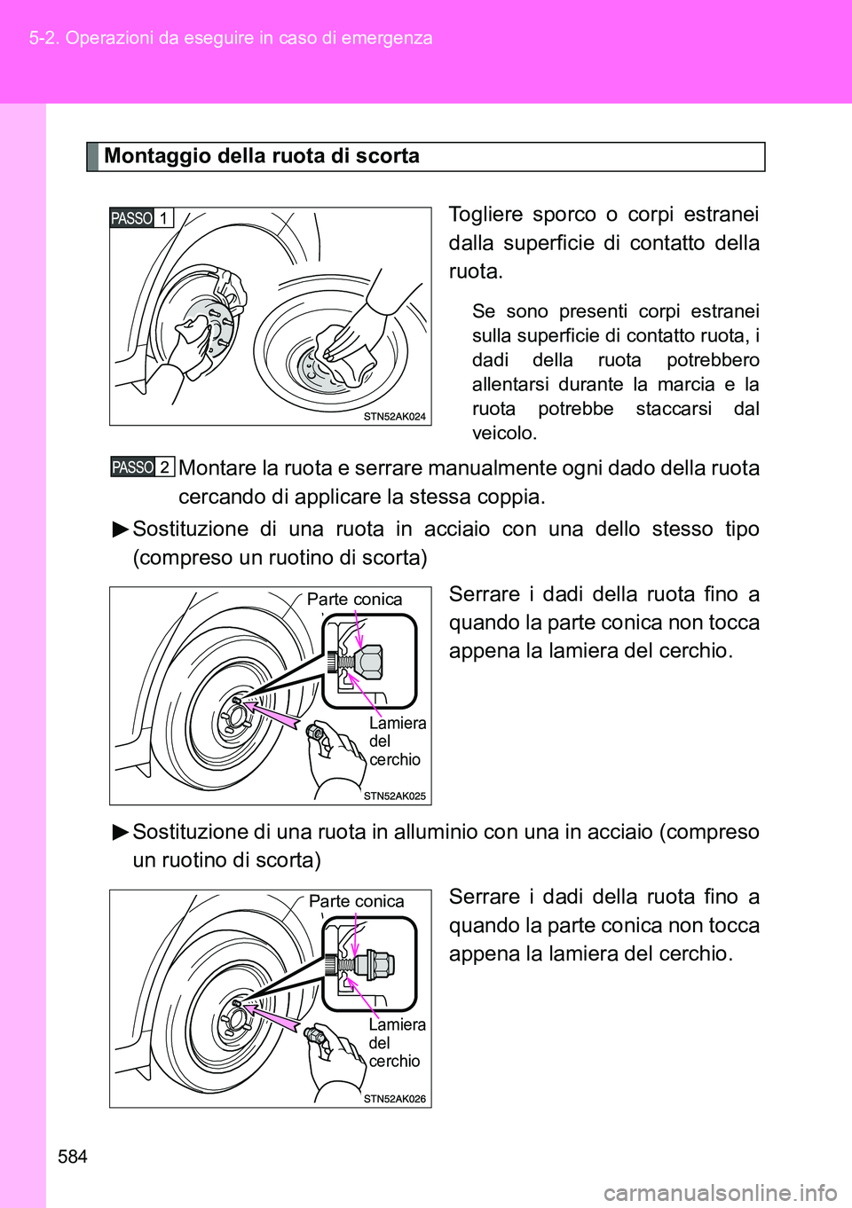 TOYOTA VERSO 2014 Manuale duso (in Italian) 584 5-2. Operazioni da eseguire in caso di emergenza
Montaggio della ruota di scorta
Togliere sporco o corpi estranei
dalla superficie di contatto della
ruota.
Se sono presenti corpi estranei
sulla su TOYOTA VERSO 2014 Manuale duso (in Italian) 584 5-2. Operazioni da eseguire in caso di emergenza
Montaggio della ruota di scorta
Togliere sporco o corpi estranei
dalla superficie di contatto della
ruota.
Se sono presenti corpi estranei
sulla su