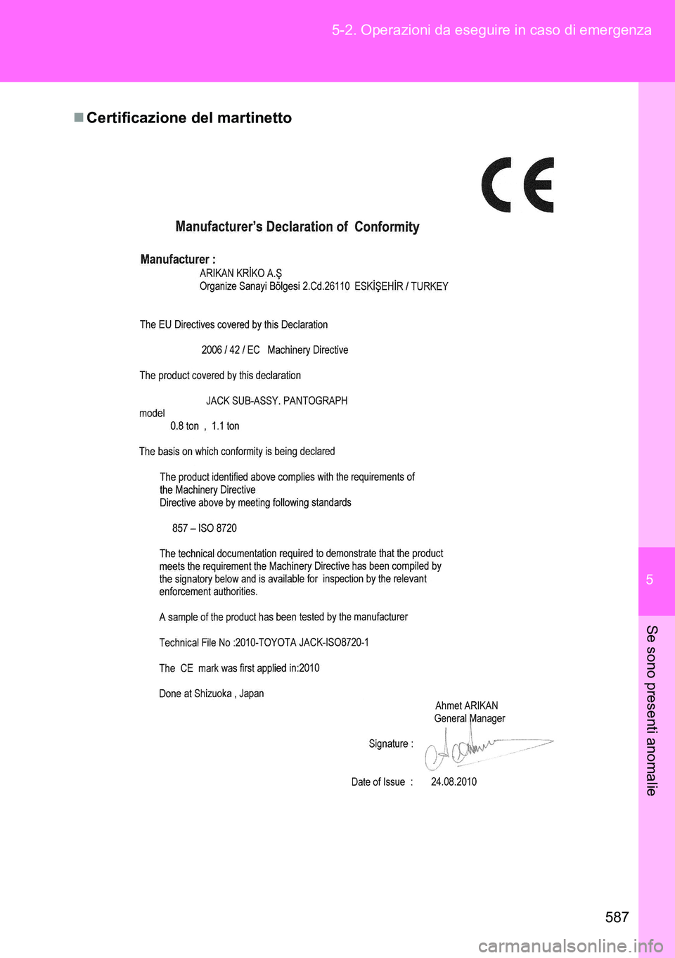 TOYOTA VERSO 2014 Manuale duso (in Italian) 5
587 5-2. Operazioni da eseguire in caso di emergenza
Se sono presenti anomalie
Certificazione del martinetto TOYOTA VERSO 2014 Manuale duso (in Italian) 5
587 5-2. Operazioni da eseguire in caso di emergenza
Se sono presenti anomalie
Certificazione del martinetto