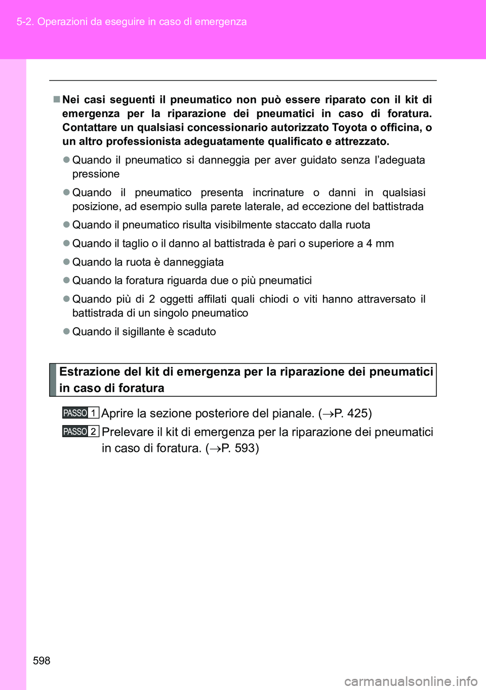 TOYOTA VERSO 2014  Manuale duso (in Italian) 598 5-2. Operazioni da eseguire in caso di emergenza
Estrazione del kit di emergenza per la riparazione dei pneumatici
in caso di foratura
Aprire la sezione posteriore del pianale. (P. 425)
Preleva